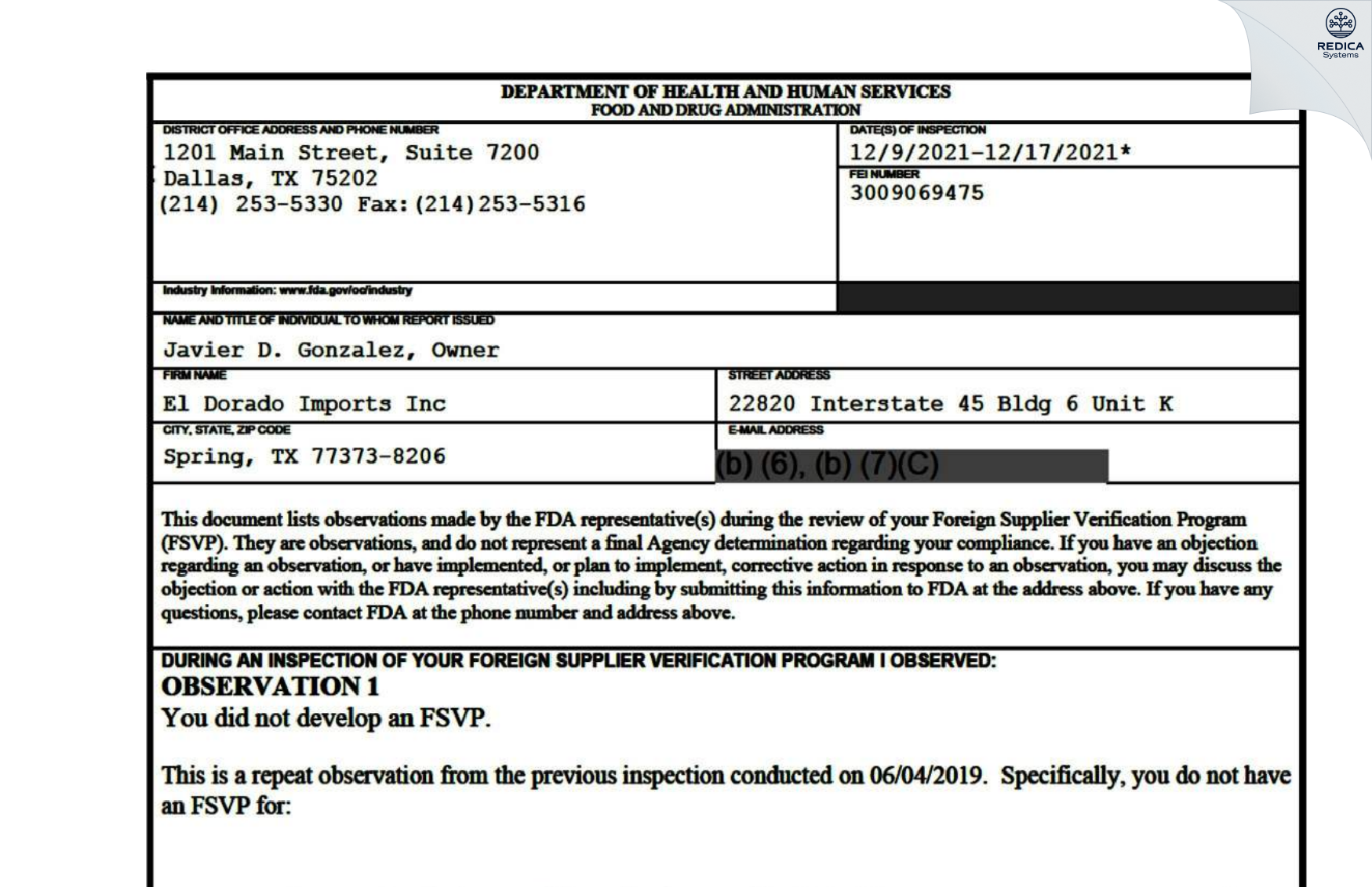 FDA 483 - El Dorado Imports Inc [Spring / United States of America] - Download PDF - Redica Systems