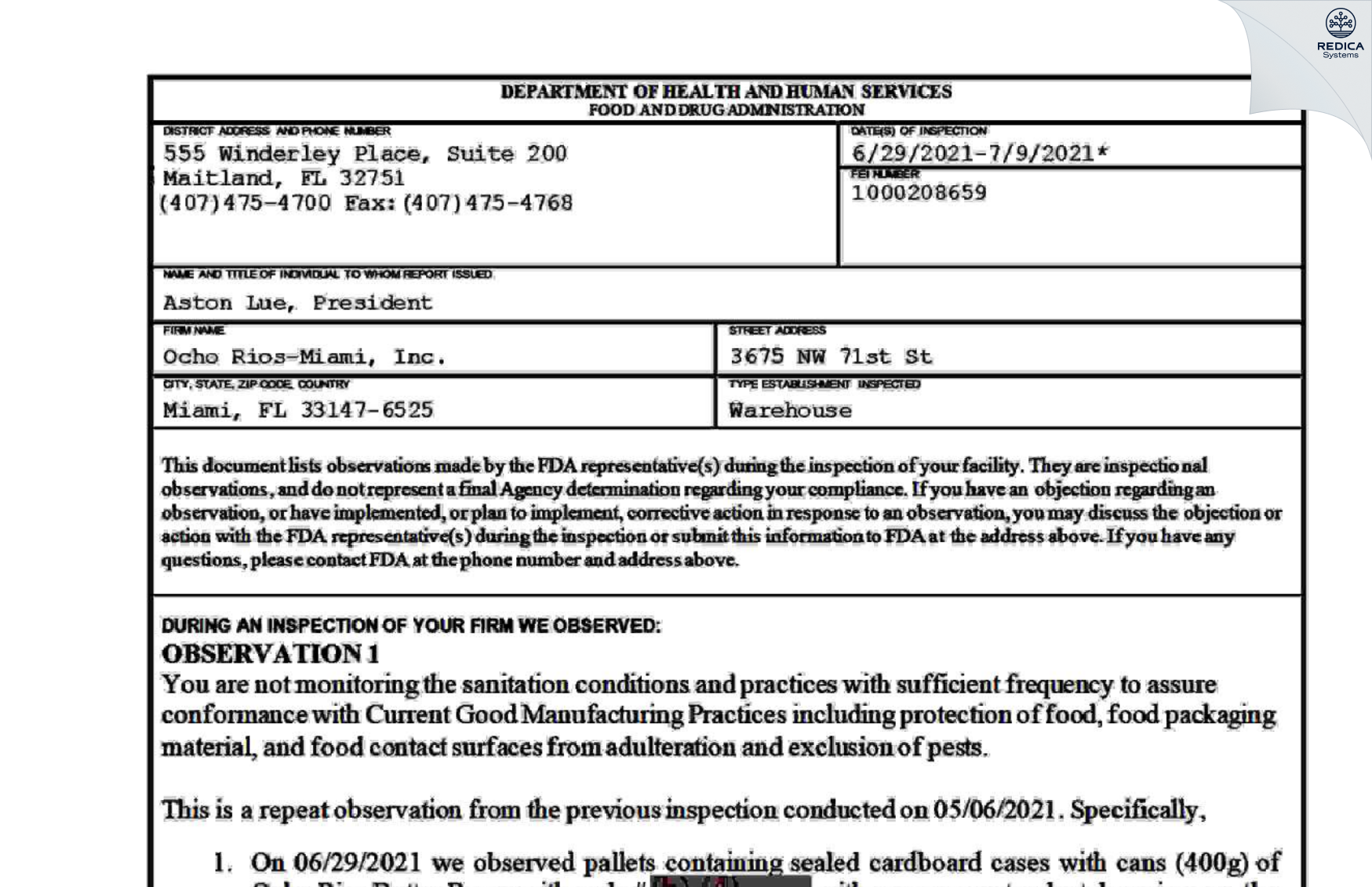 FDA 483 - Ocho Rios-Miami, Inc. [Miami / United States of America] - Download PDF - Redica Systems