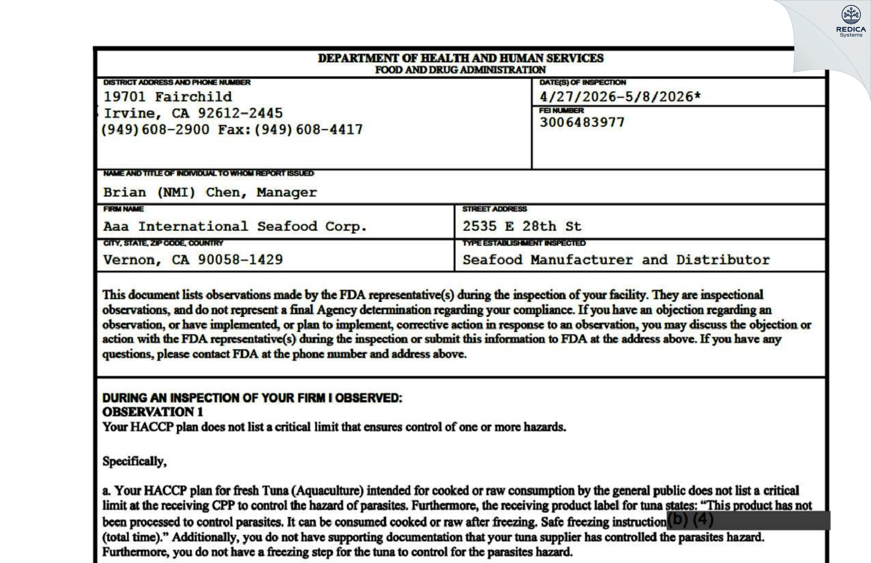 FDA 483 - Aaa International Seafood Corp. [Vernon / United States of America] - Download PDF - Redica Systems