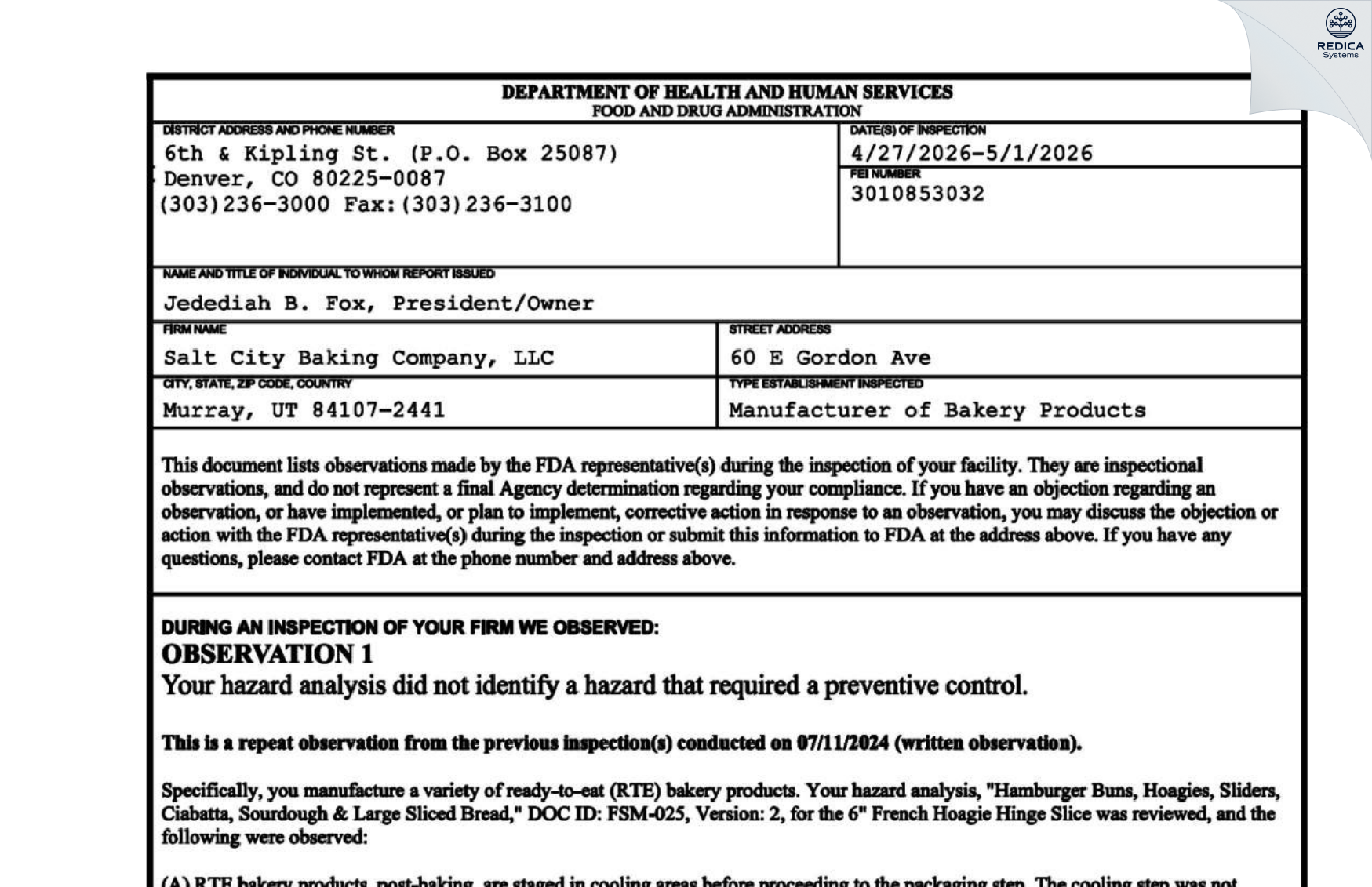 FDA 483 - Salt City Baking Company, LLC [Salt Lake City / United States of America] - Download PDF - Redica Systems