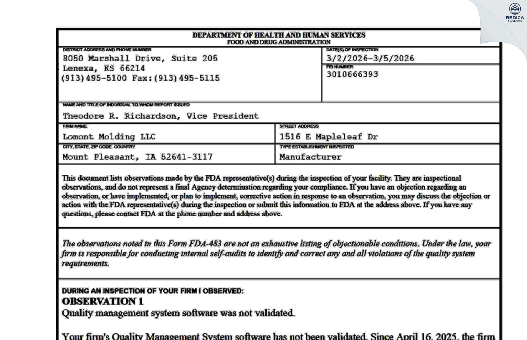 FDA 483 - R&D Molders, Inc. [Georgetown / United States of America] - Download PDF - Redica Systems