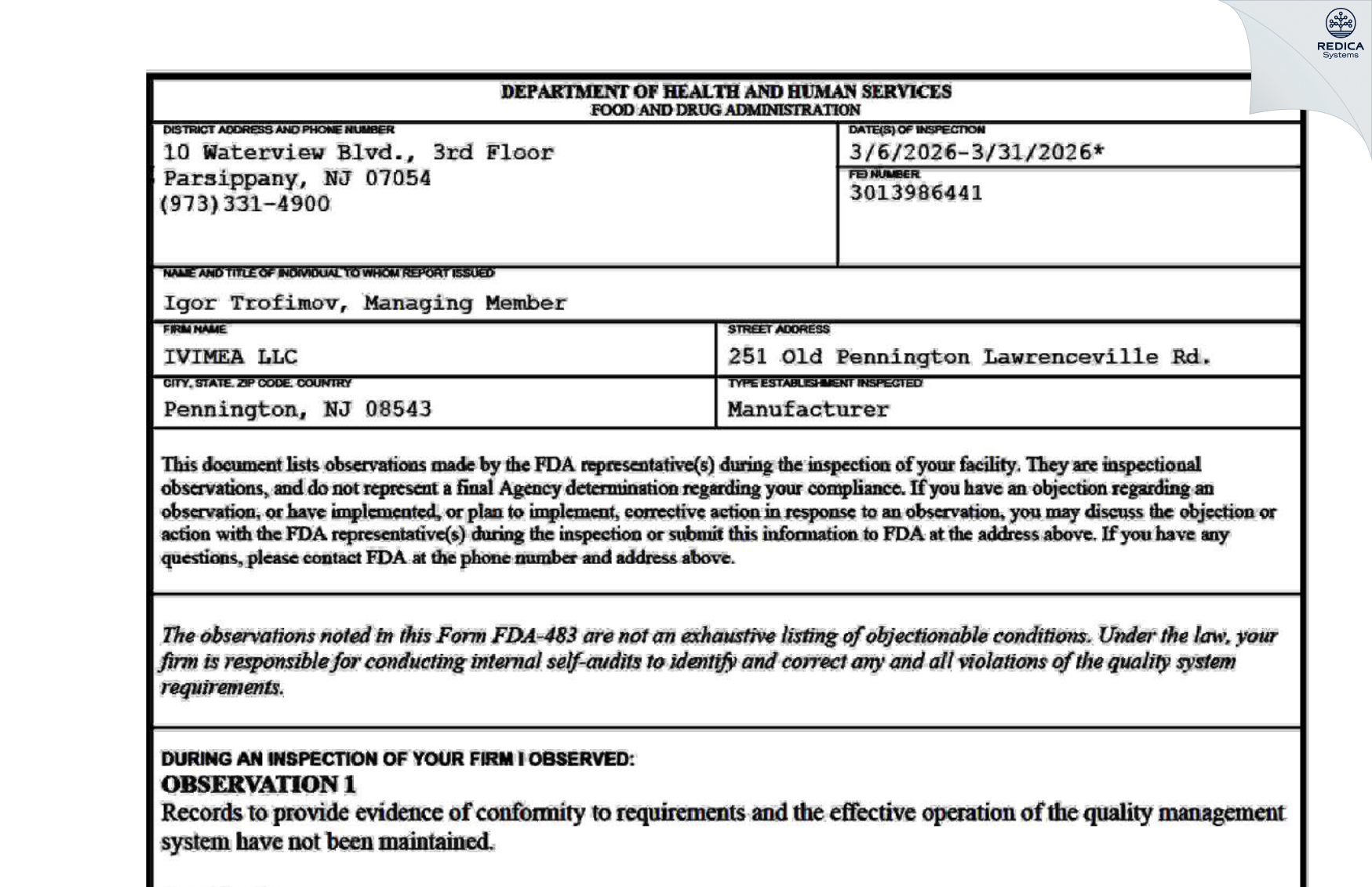 FDA 483 - IVIMEA LLC [Monroe Township / United States of America] - Download PDF - Redica Systems
