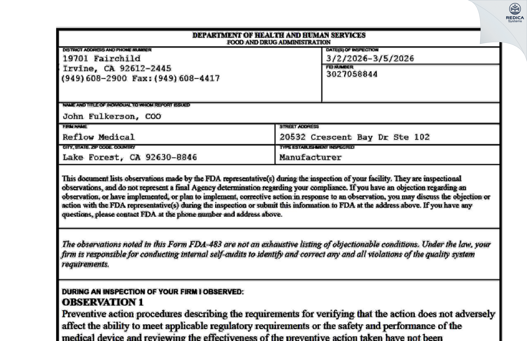 FDA 483 - Reflow Medical [Lake Forest / United States of America] - Download PDF - Redica Systems
