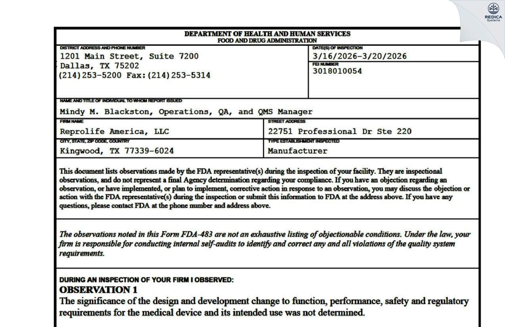 FDA 483 - EXPERIMENTAL CULTURE MEDIA PRODUCTIONS AND CONSIGNMENT, LLC [Kingwood / United States of America] - Download PDF - Redica Systems