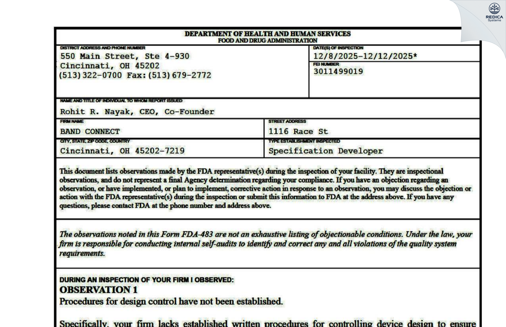 FDA 483 - BAND CONNECT [Cincinnati / United States of America] - Download PDF - Redica Systems