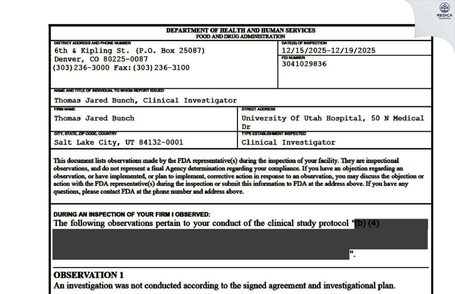 FDA 483 - Thomas Jared Bunch [Salt Lake City / United States of America] - Download PDF - Redica Systems