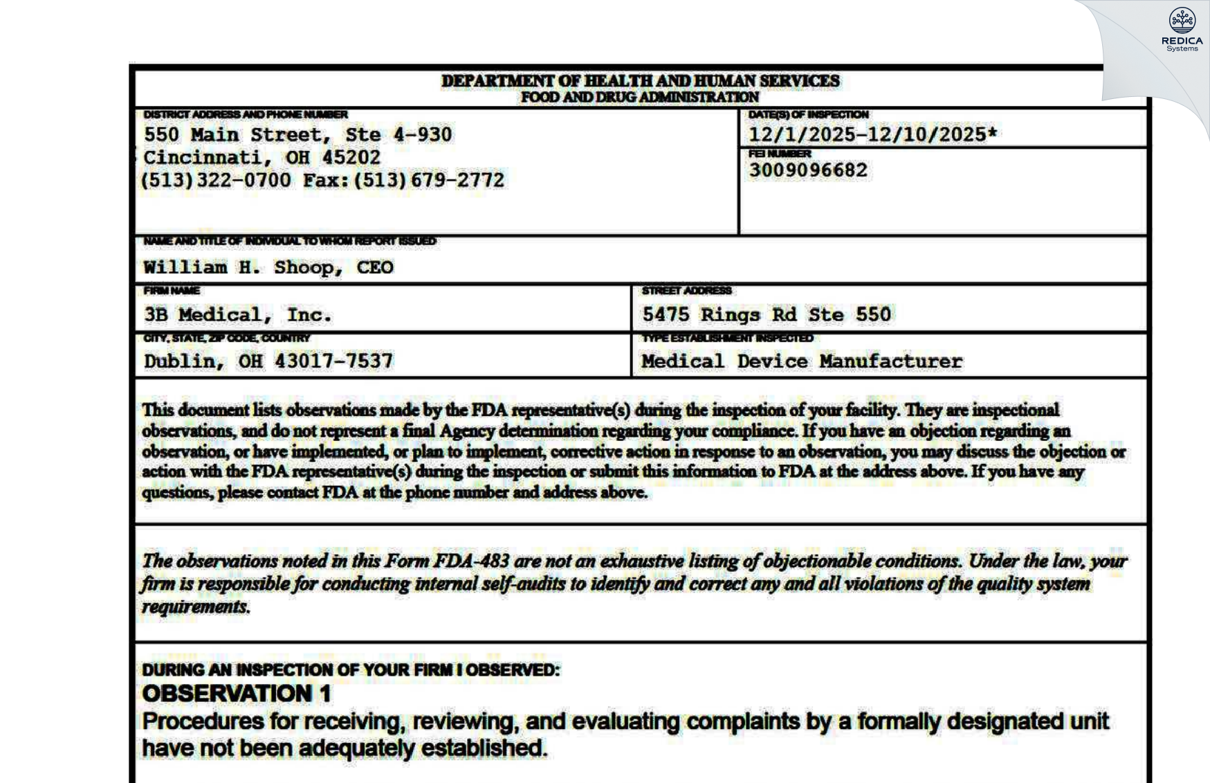 FDA 483 - 3B Medical Inc [Sarasota / United States of America] - Download PDF - Redica Systems