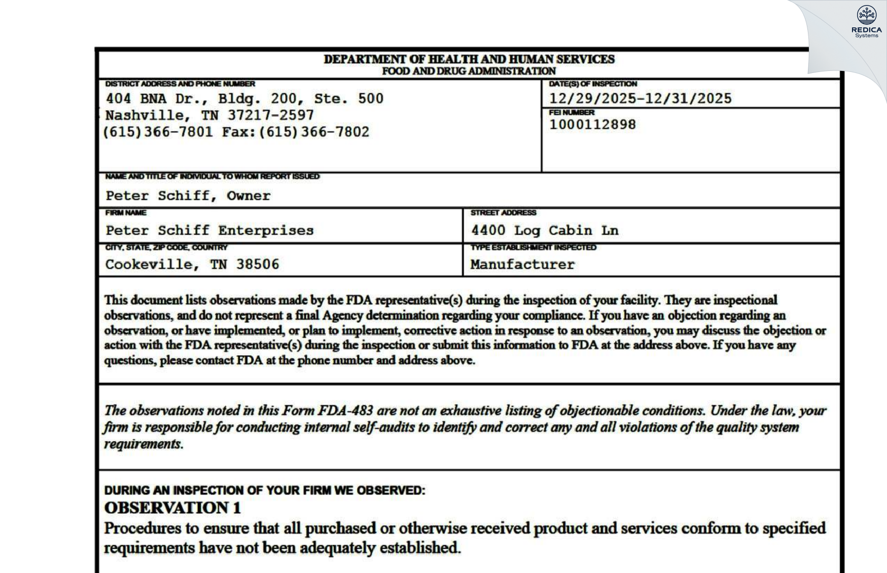 FDA 483 - Peter Schiff Enterprises [Cookeville / United States of America] - Download PDF - Redica Systems
