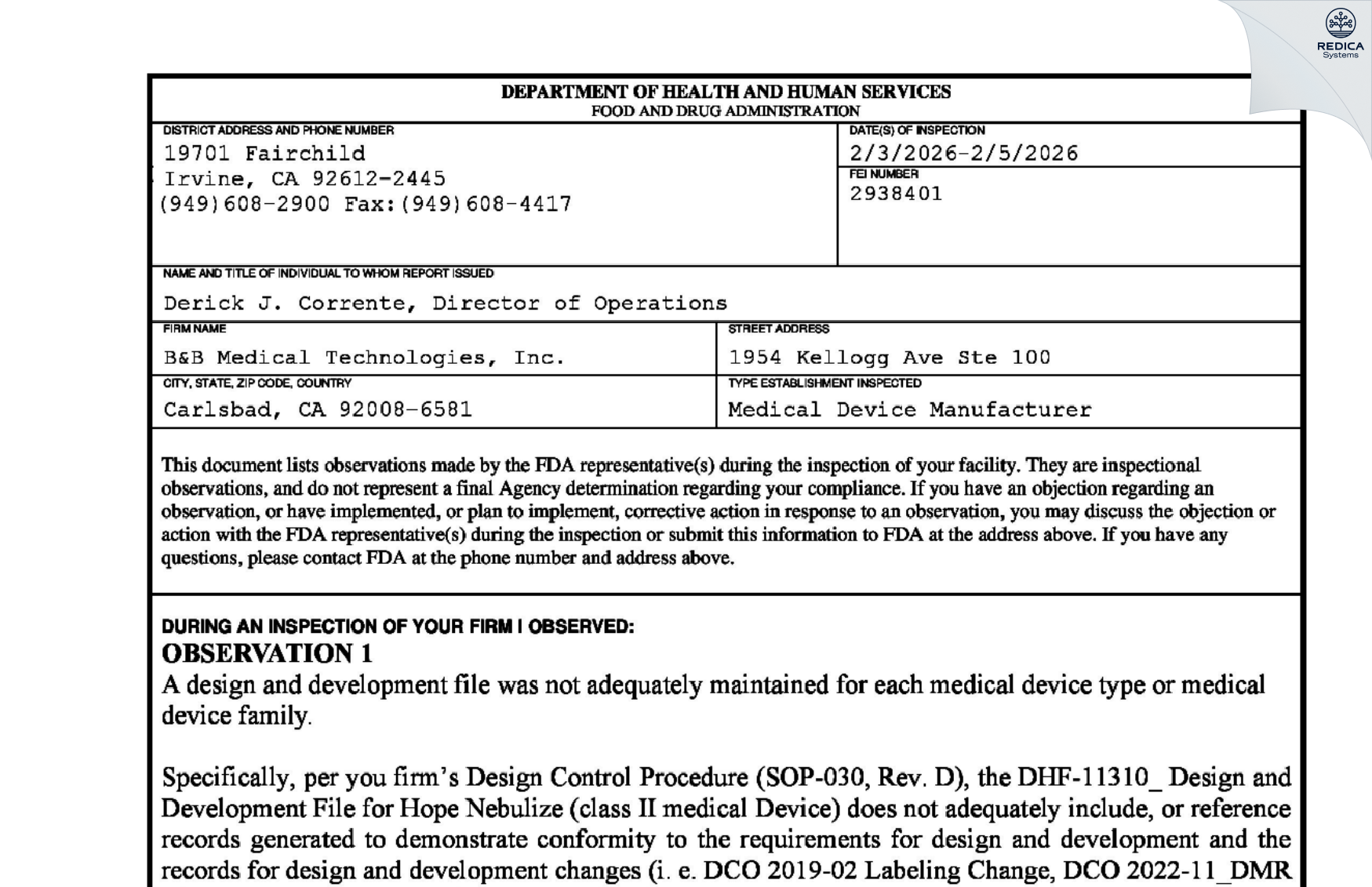 FDA 483 - S&T Medical Technologies, Inc. [Carlsbad / United States of America] - Download PDF - Redica Systems