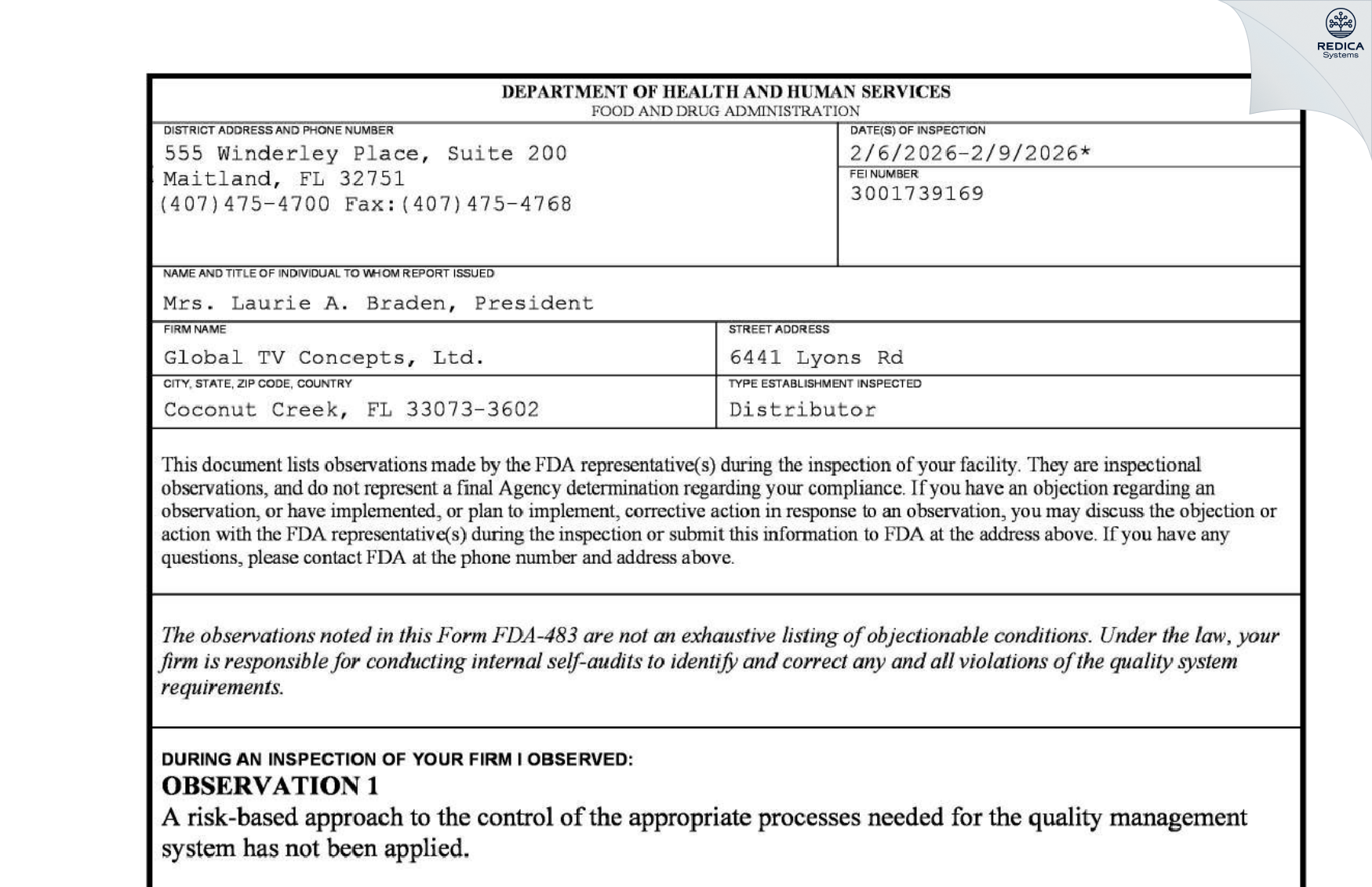 FDA 483 - GLOBAL TV CONCEPTS, LTD. [Coconut Creek / United States of America] - Download PDF - Redica Systems