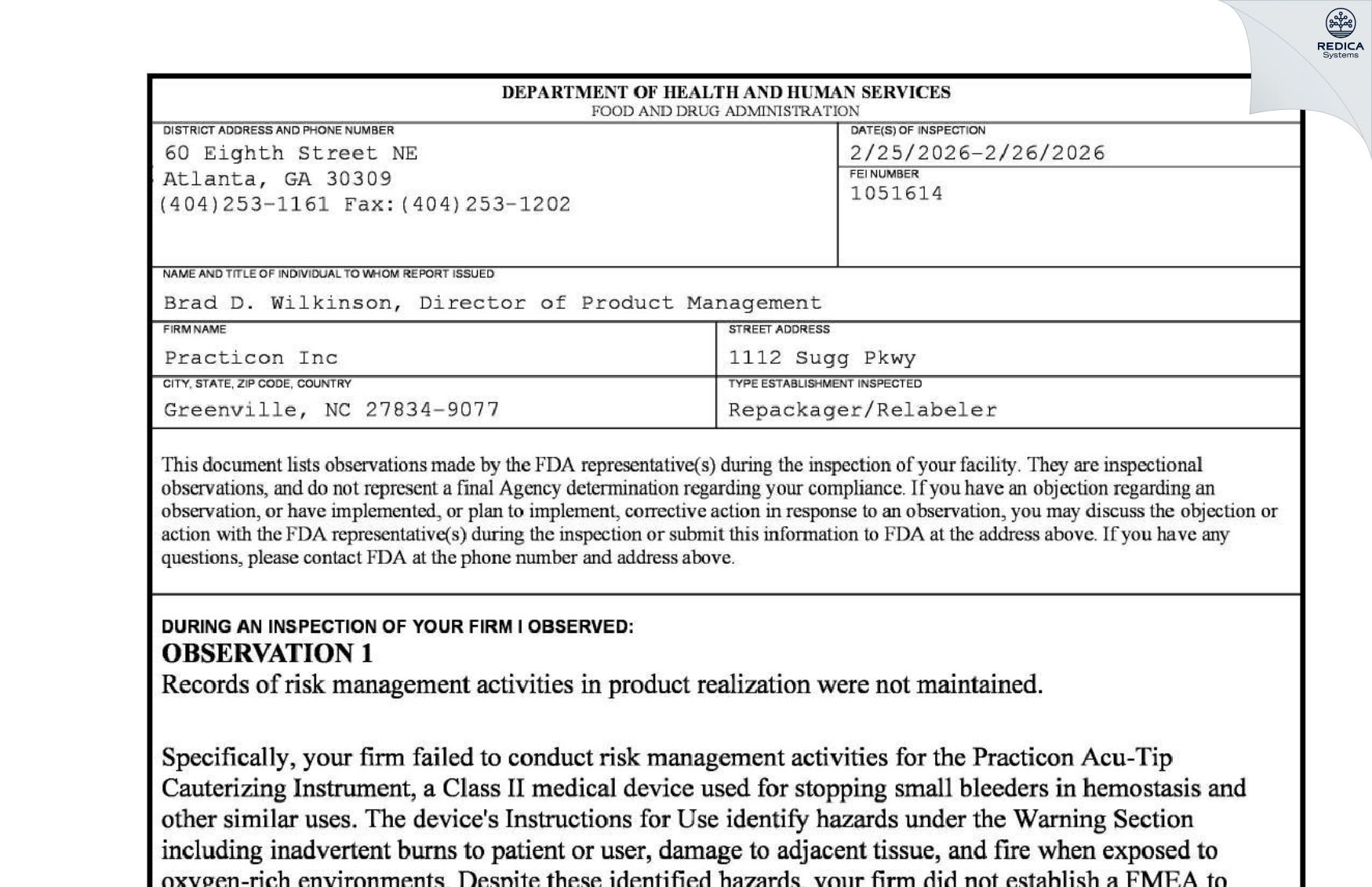 FDA 483 - Practicon Inc [Greenville / United States of America] - Download PDF - Redica Systems