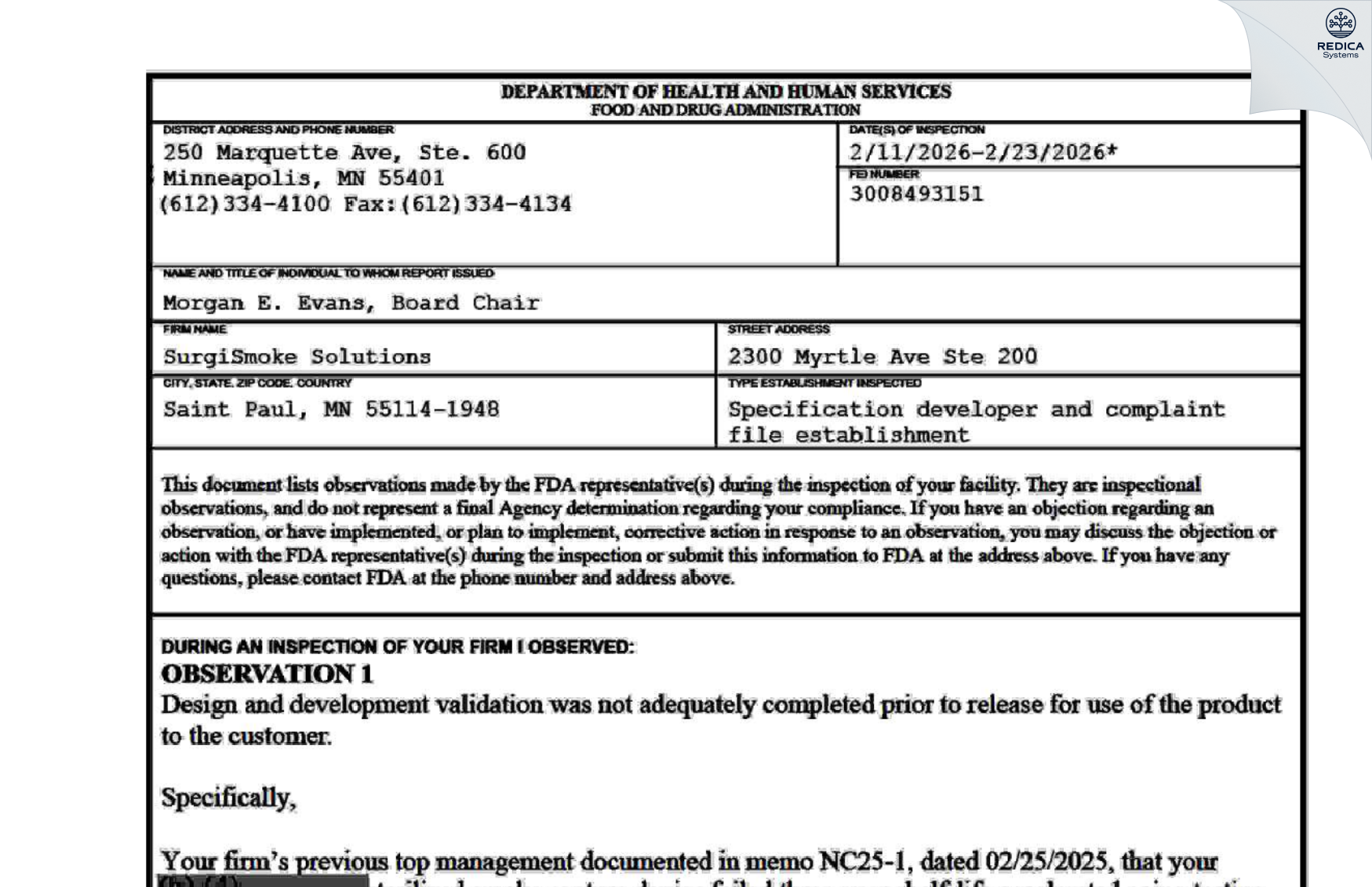 FDA 483 - Nascent Surgical, LLC [Eden Prairie / United States of America] - Download PDF - Redica Systems
