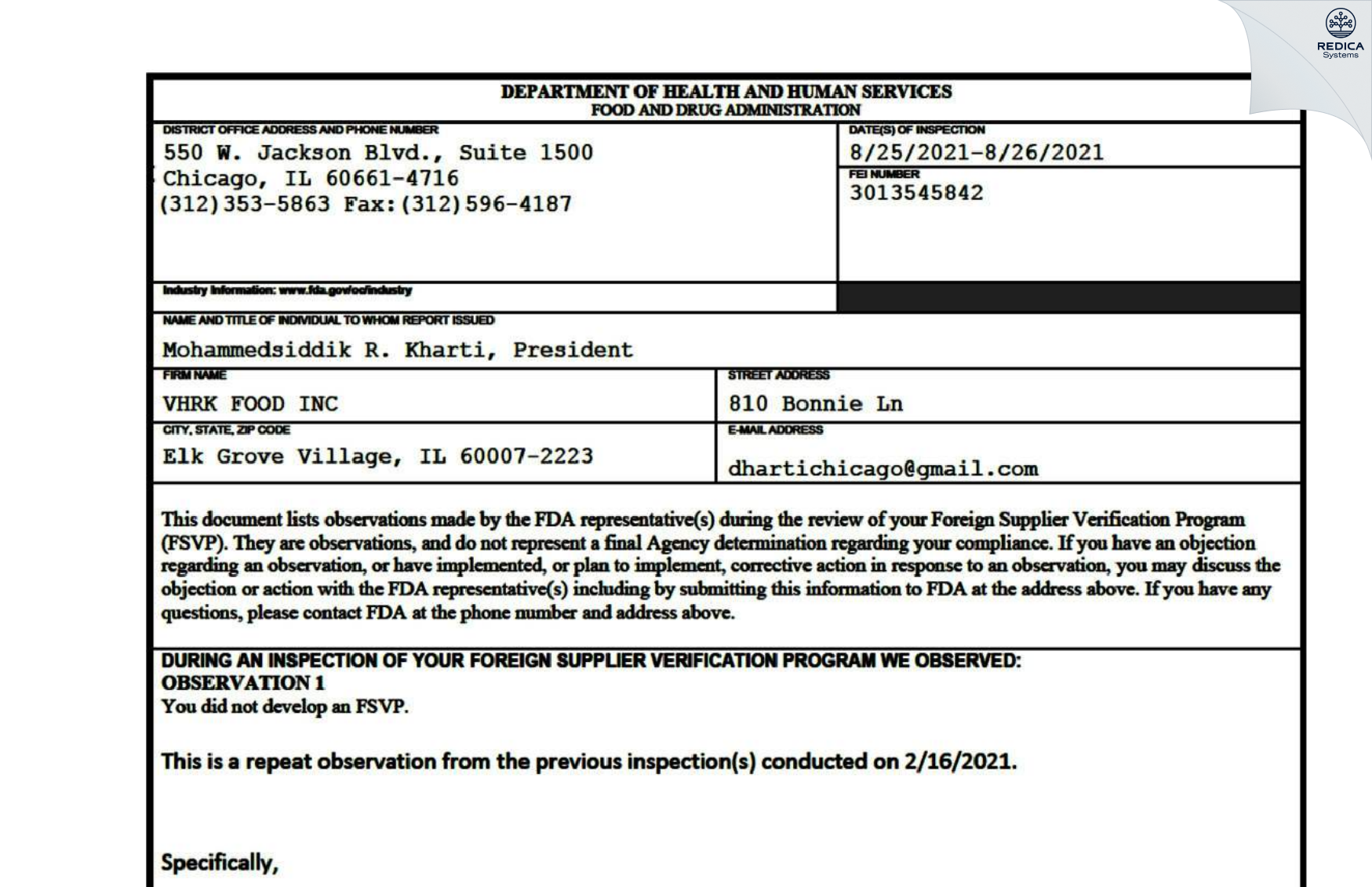 FDA 483 - VHRK FOOD INC [Elk Grove Village / United States of America] - Download PDF - Redica Systems