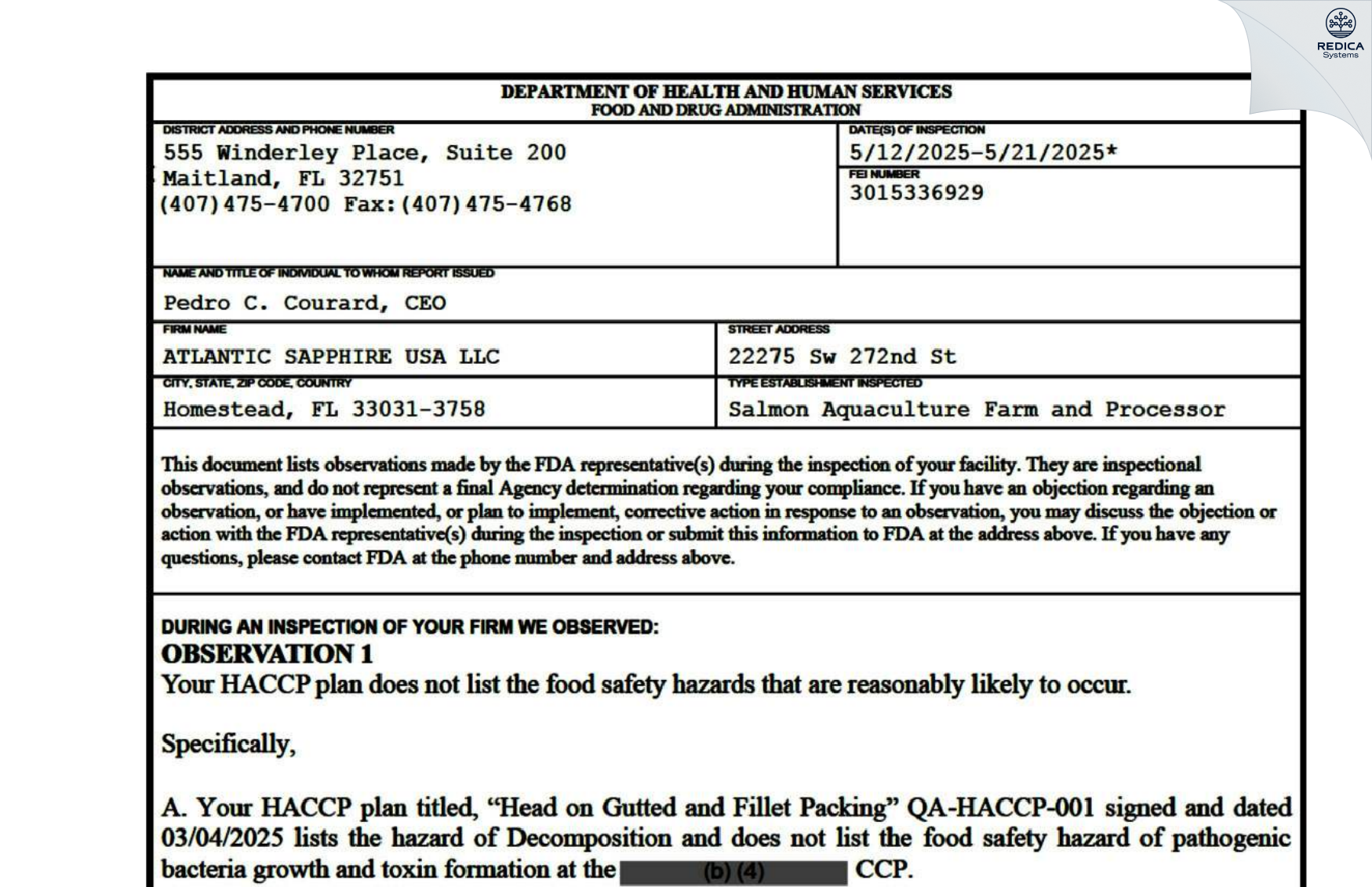 FDA 483 - ATLANTIC SAPPHIRE USA LLC [Homestead / United States of America] - Download PDF - Redica Systems