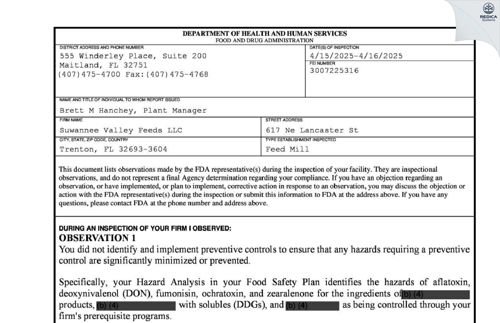 FDA 483 - Suwannee Valley Feeds LLC [Trenton / United States of America] - Download PDF - Redica Systems