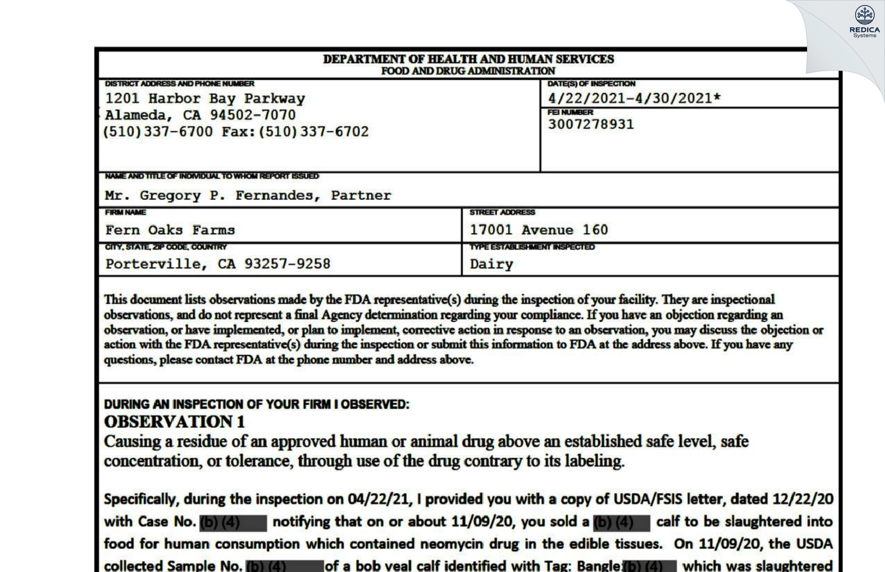 FDA 483 - Fern Oaks Farms [Porterville / United States of America] - Download PDF - Redica Systems
