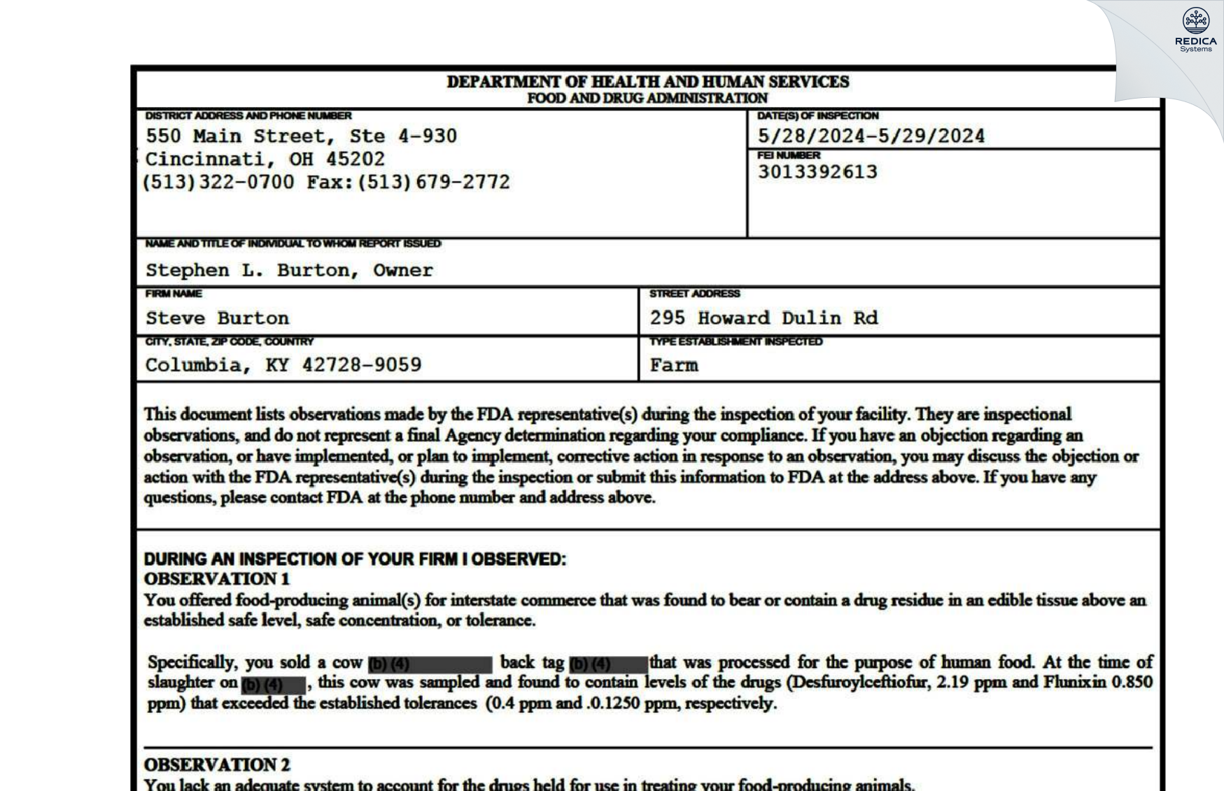 FDA 483 - Steve Burton [Columbia / United States of America] - Download PDF - Redica Systems
