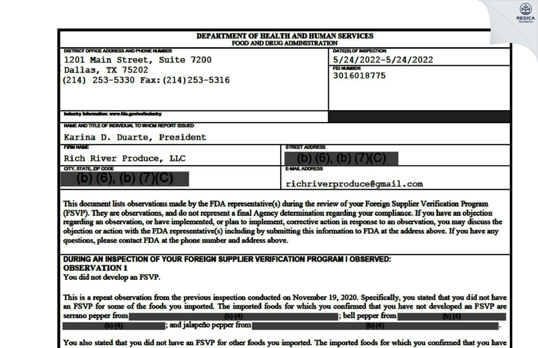 FDA 483 - Rich River Produce, LLC [Rio Rico / United States of America] - Download PDF - Redica Systems