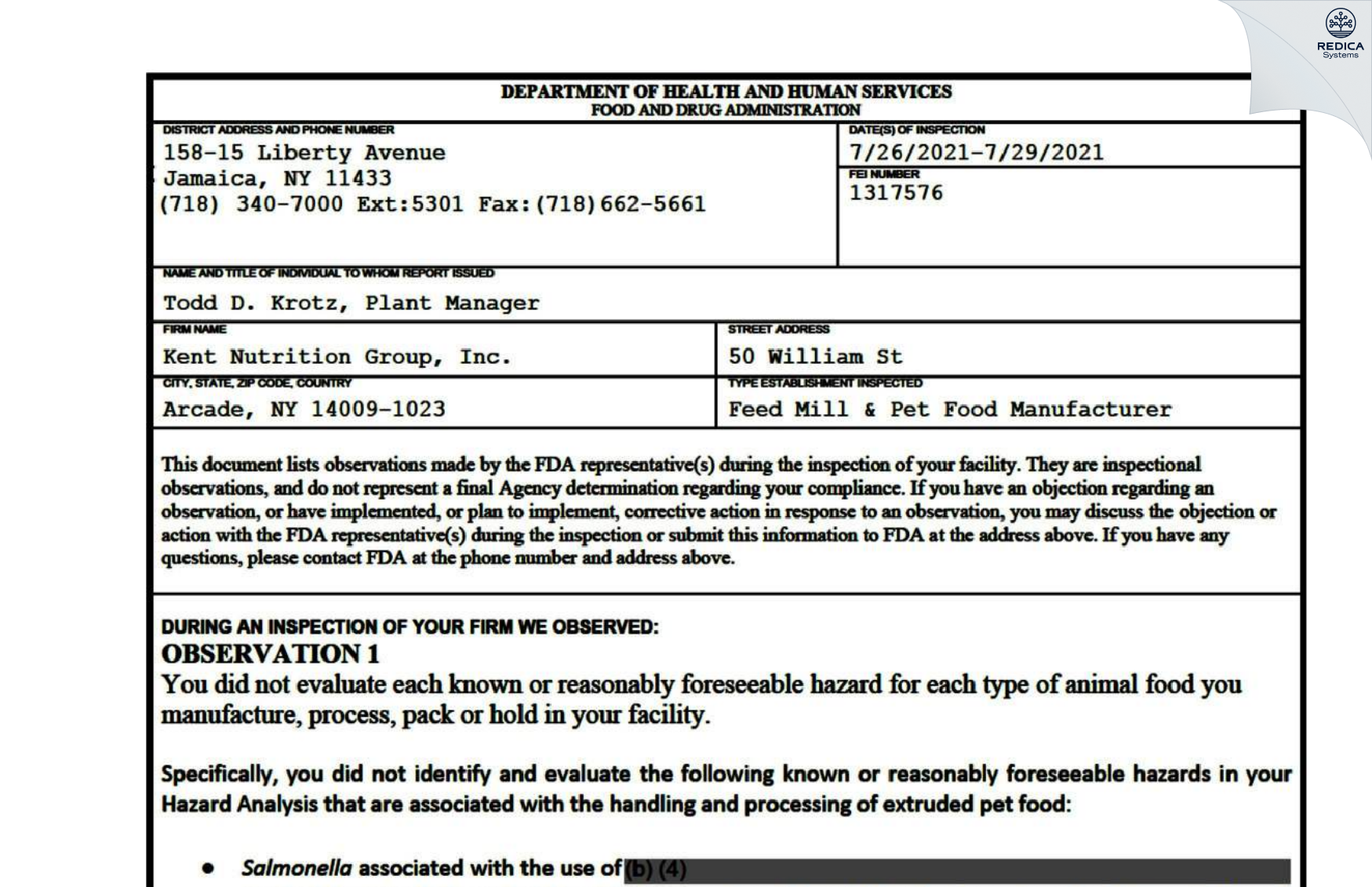 FDA 483 - Kent Nutrition Group, Inc. [Arcade / United States of America] - Download PDF - Redica Systems