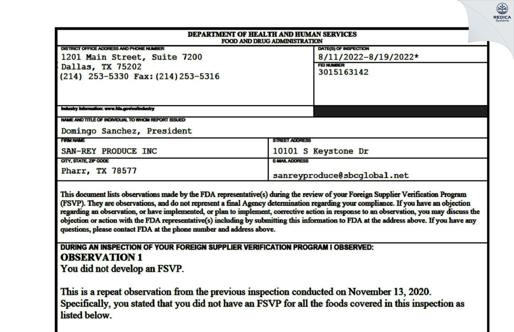FDA 483 - SAN-REY PRODUCE INC [Pharr / United States of America] - Download PDF - Redica Systems