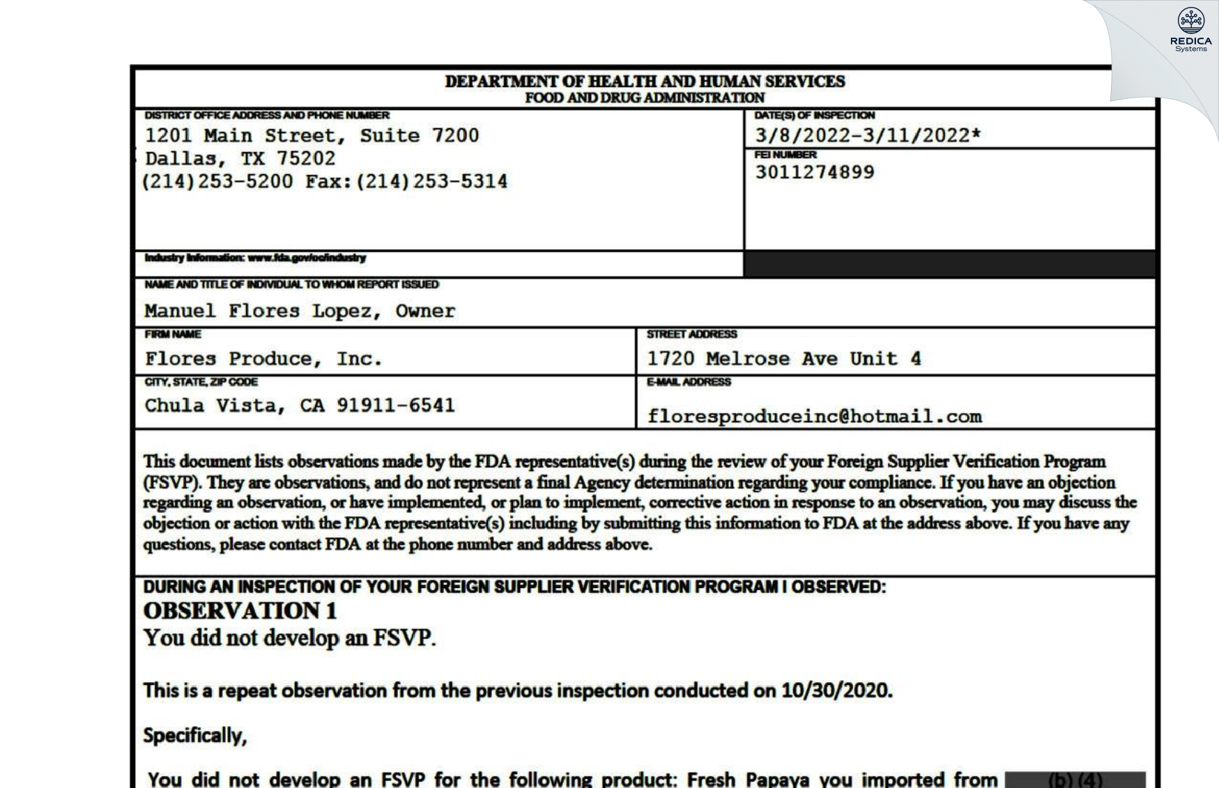 FDA 483 - Flores Produce, Inc. [Chula Vista / United States of America] - Download PDF - Redica Systems