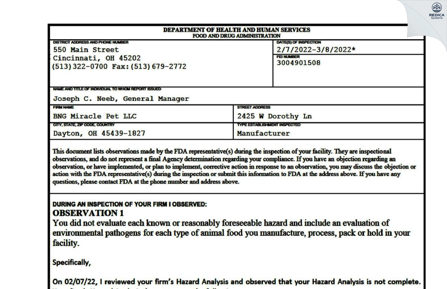 FDA 483 - BNG Miracle Pet LLC [Moraine / United States of America] - Download PDF - Redica Systems
