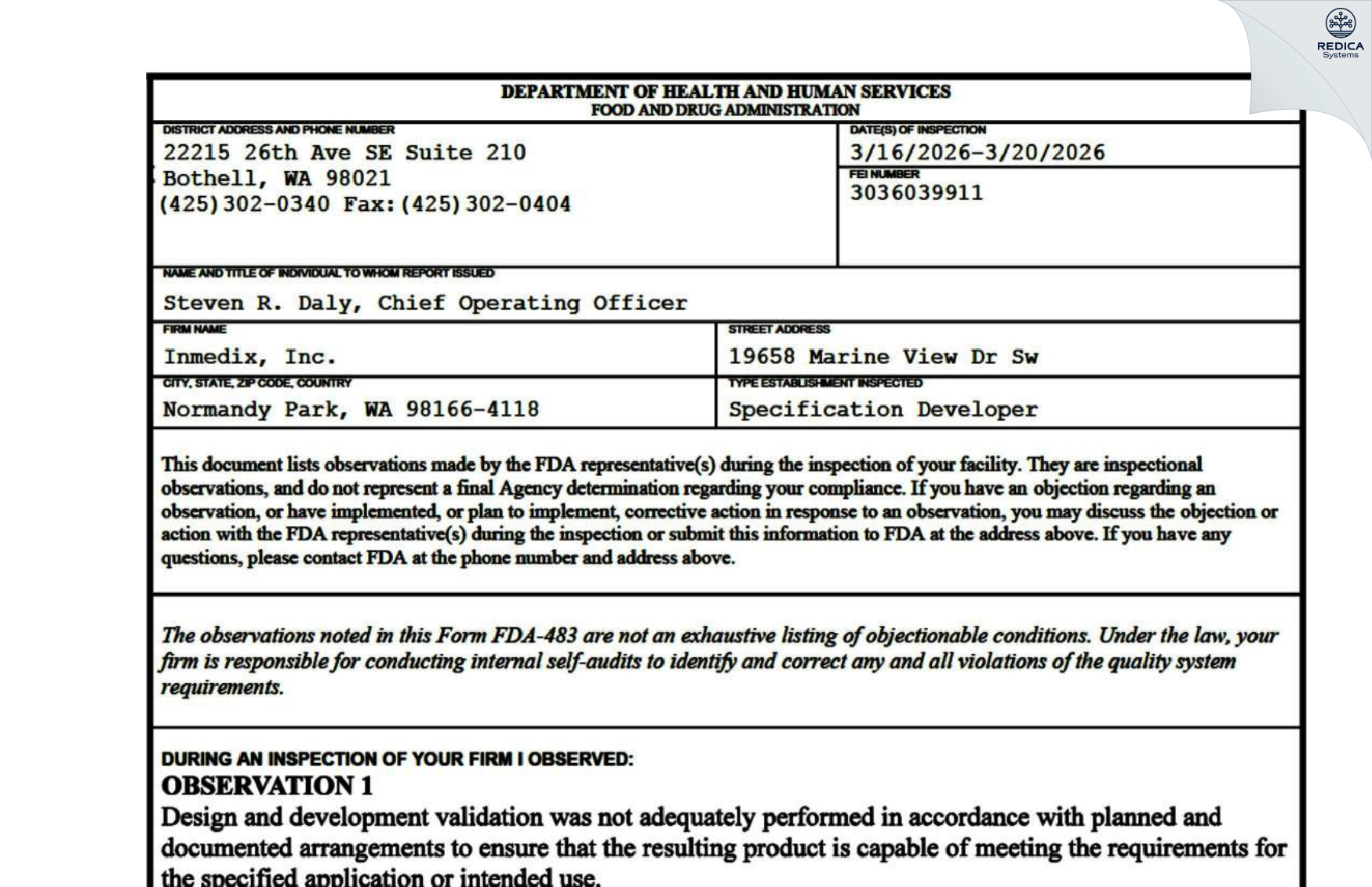FDA 483 - INMEDIX, INC. [Normandy Park / United States of America] - Download PDF - Redica Systems