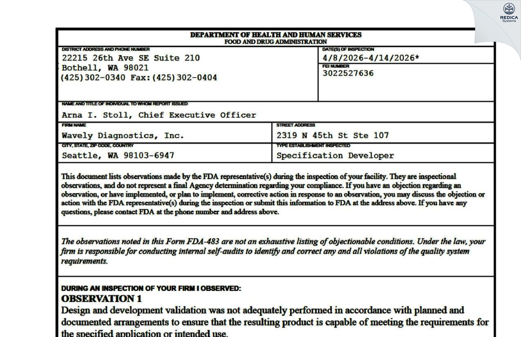 FDA 483 - WAVELY DIAGNOSTICS, INC. [Seattle / United States of America] - Download PDF - Redica Systems