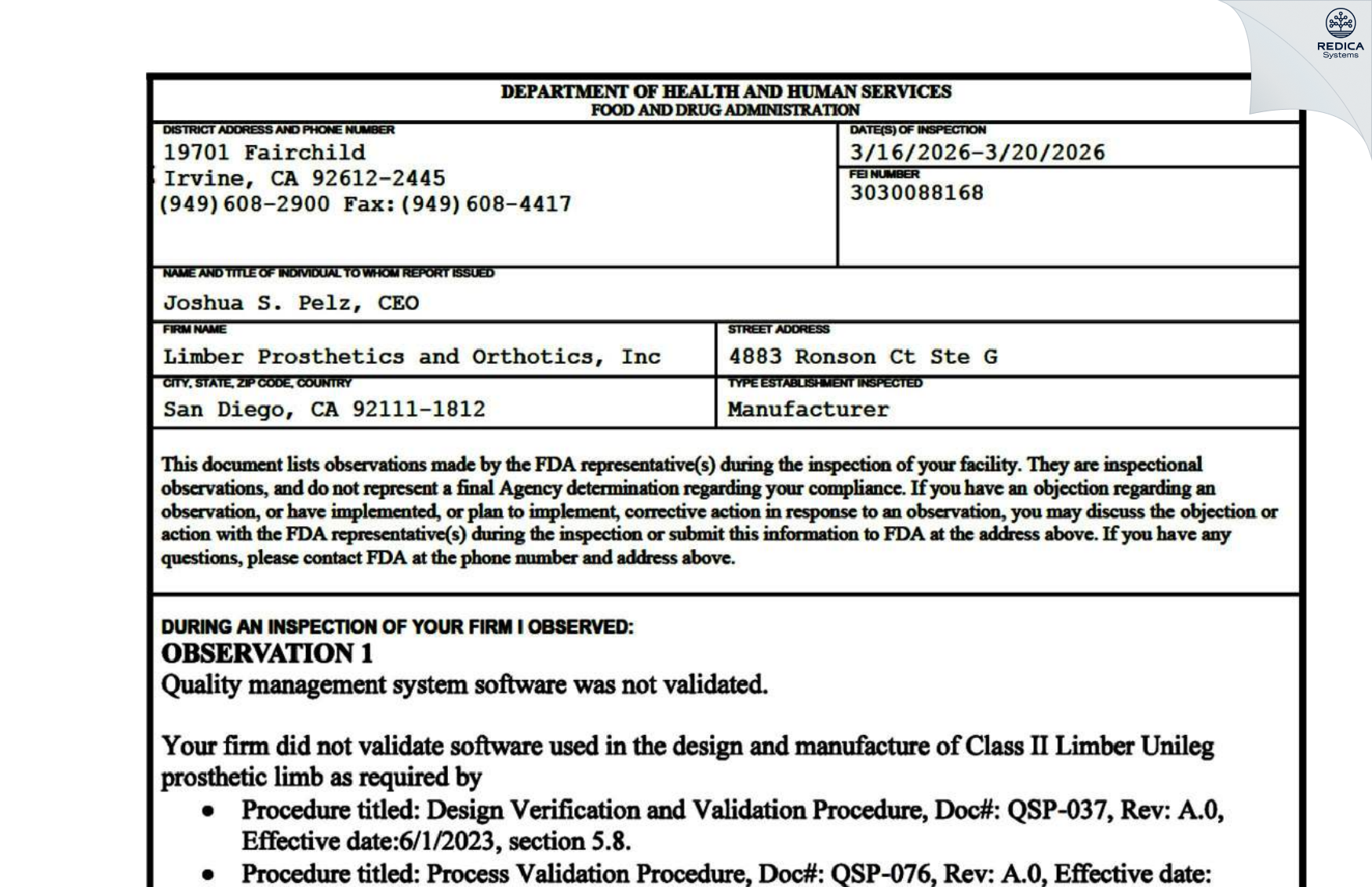 FDA 483 - LIMBER PROSTHETICS AND ORTHOTICS, INC. [San Diego / United States of America] - Download PDF - Redica Systems