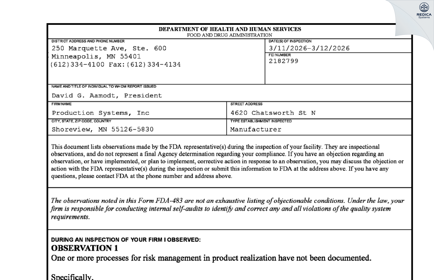 FDA 483 - Production Systems Inc [Saint Paul / United States of America] - Download PDF - Redica Systems
