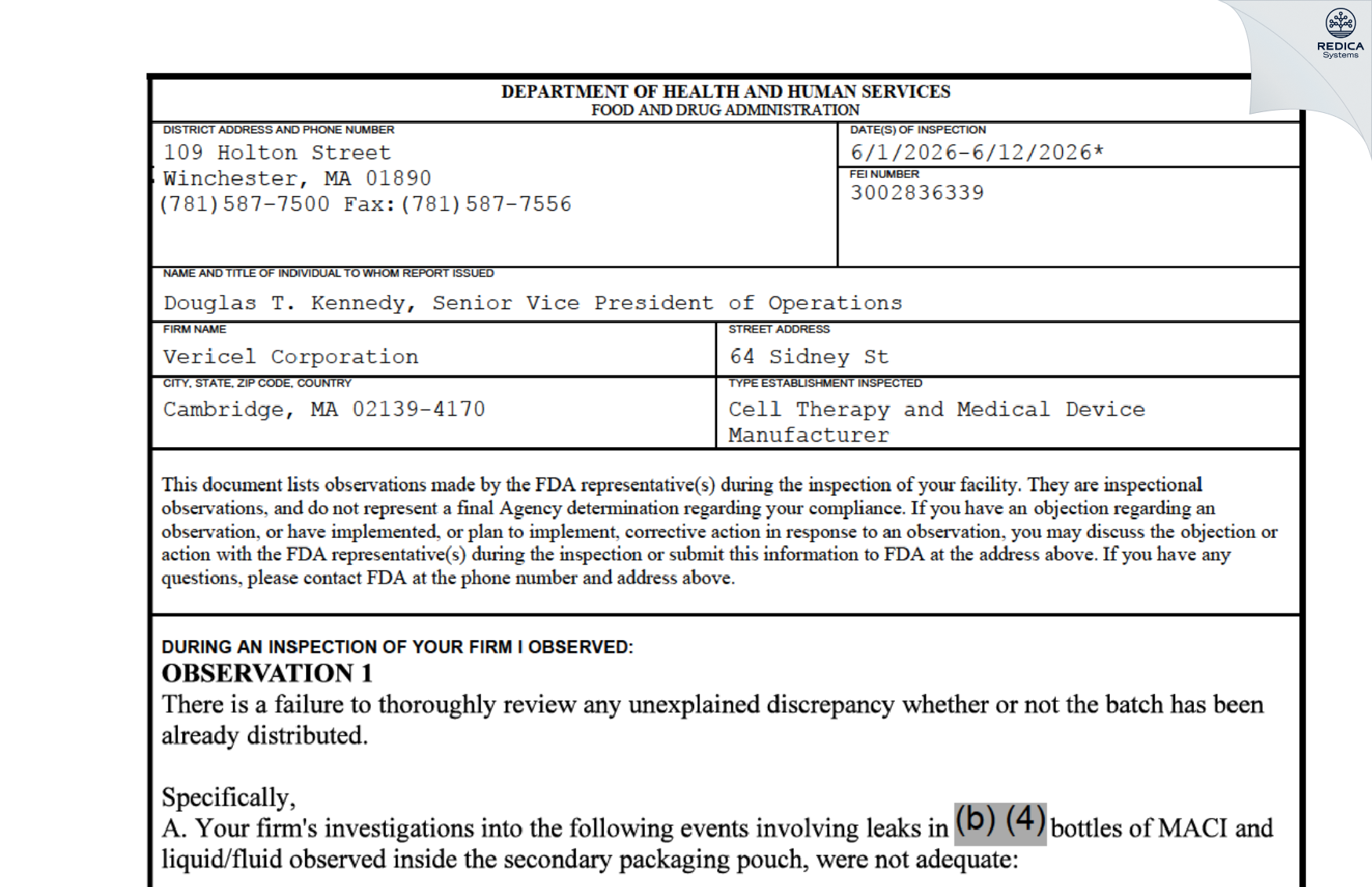 FDA 483 - Vericel Corporation [Cambridge / United States of America] - Download PDF - Redica Systems
