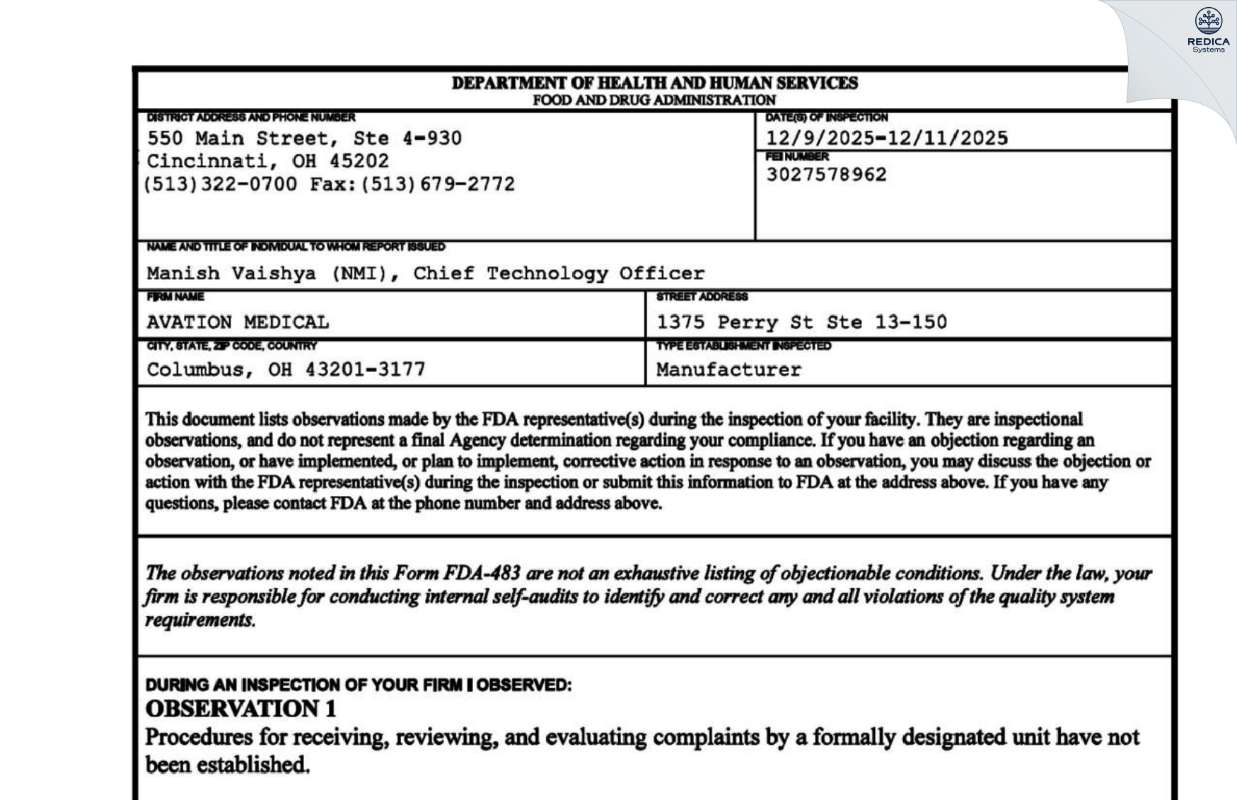FDA 483 - AVATION MEDICAL [Columbus / United States of America] - Download PDF - Redica Systems