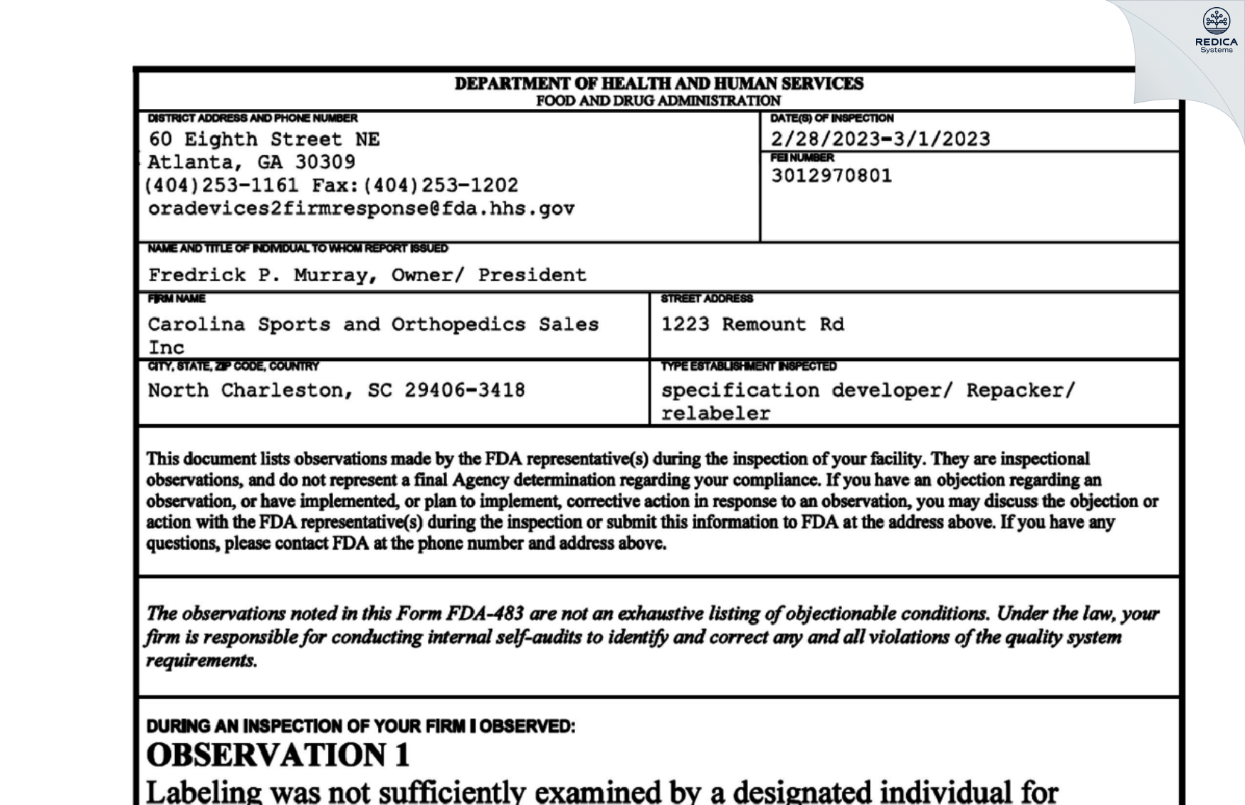 FDA 483 - Carolina Sports and Orthopedics Sales Inc [North Charleston / United States of America] - Download PDF - Redica Systems