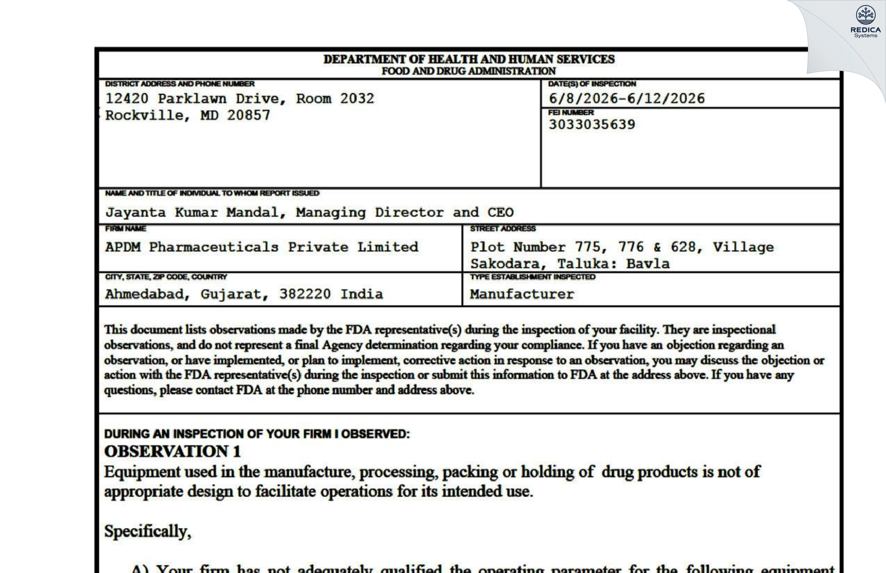 FDA 483 - APDM Pharmaceuticals Private Limited [Bavla / India] - Download PDF - Redica Systems