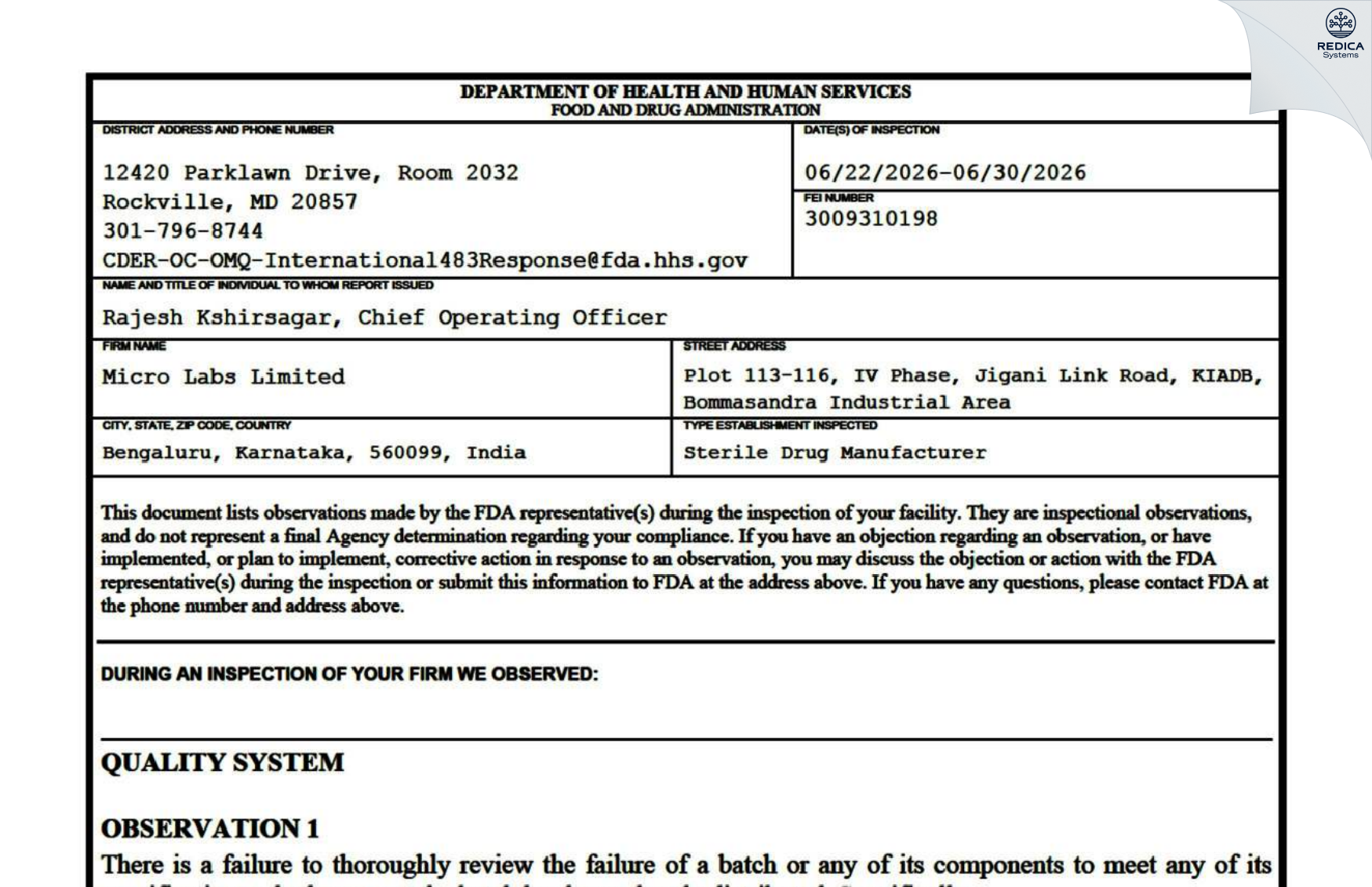 FDA 483 - Micro Labs Limited [Bengaluuru / India] - Download PDF - Redica Systems