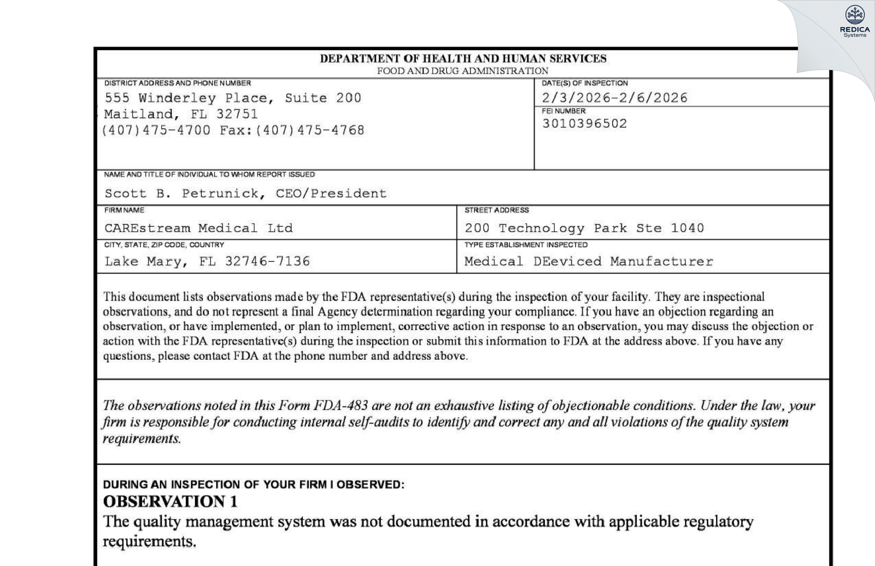 FDA 483 - CAREstream Medical Ltd [Lake Mary / United States of America] - Download PDF - Redica Systems
