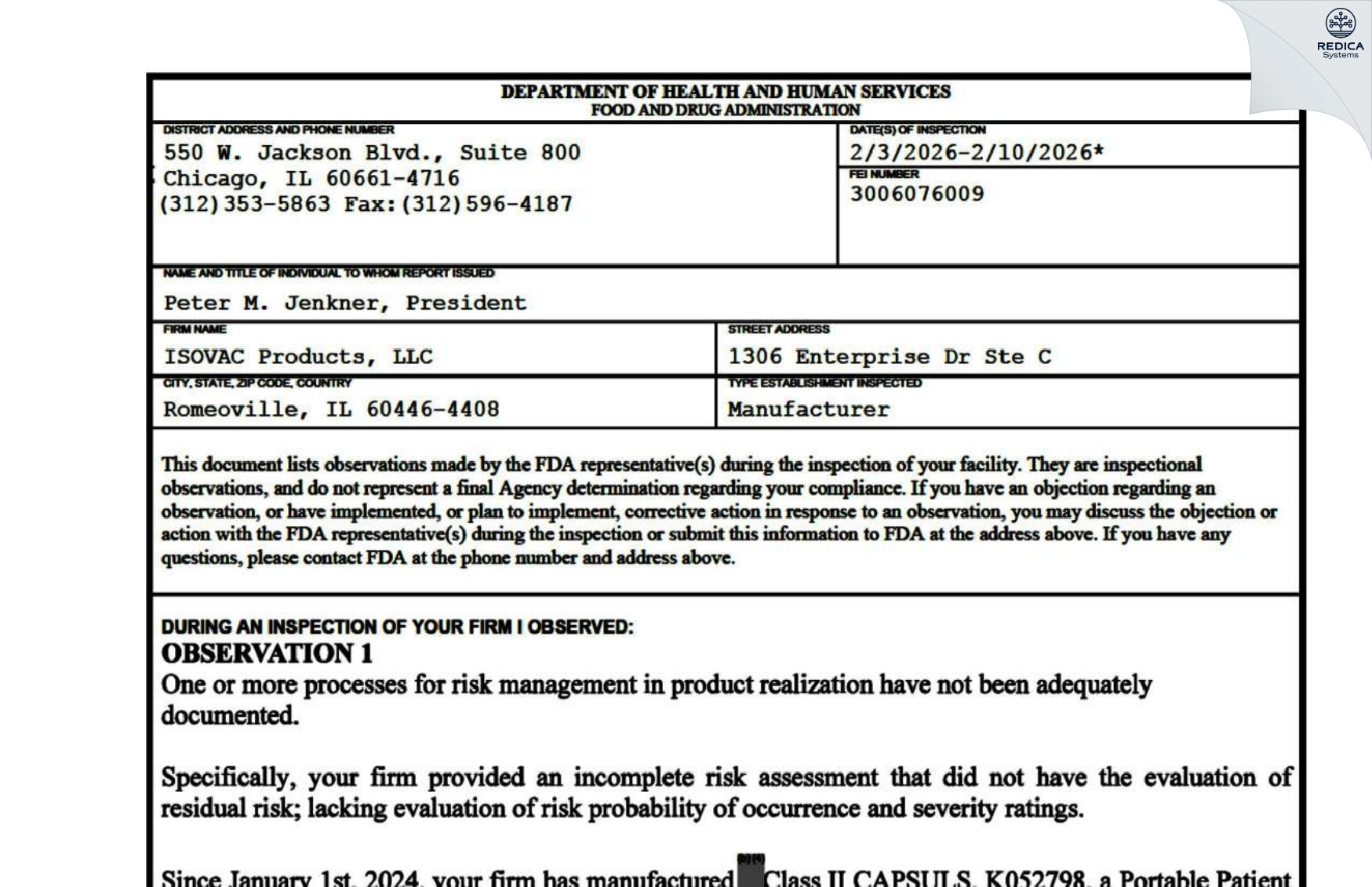 FDA 483 - ISOVAC Products, LLC [Romeoville / United States of America] - Download PDF - Redica Systems