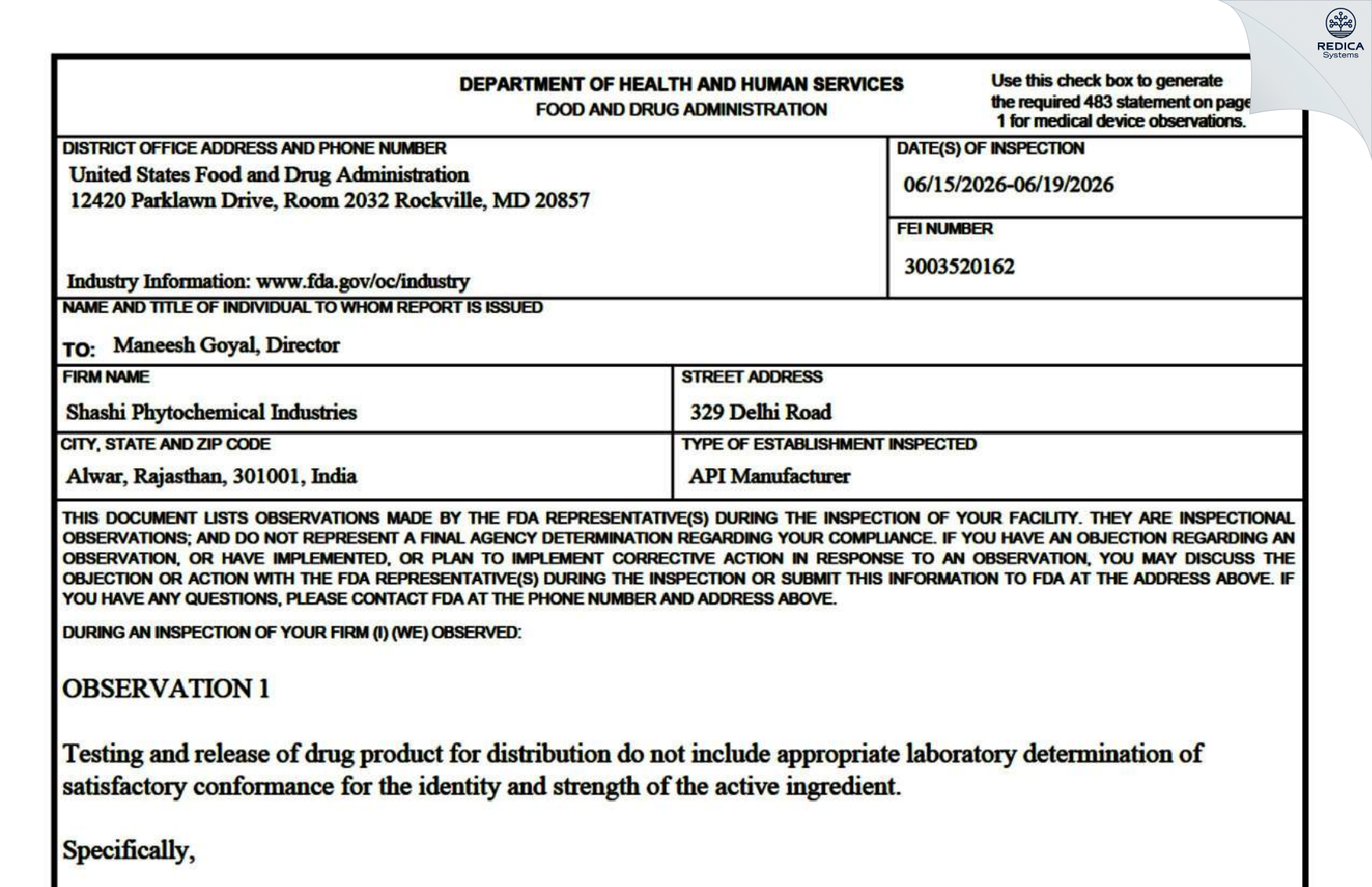 FDA 483 - SHASHI PHYTOCHEMICAL INDUSTRIES [Alwar / India] - Download PDF - Redica Systems