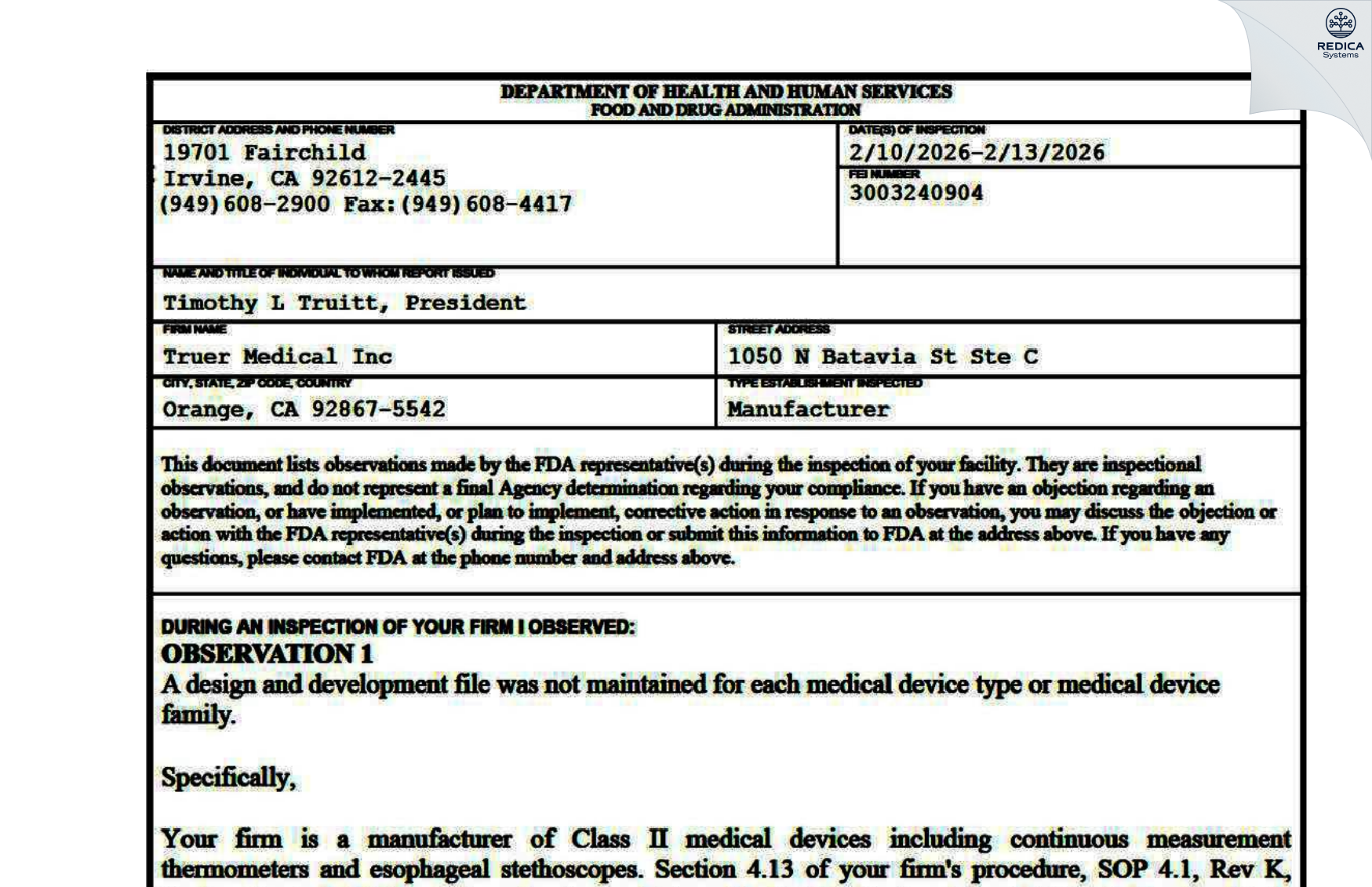 FDA 483 - Truer Medical Inc [Orange / United States of America] - Download PDF - Redica Systems