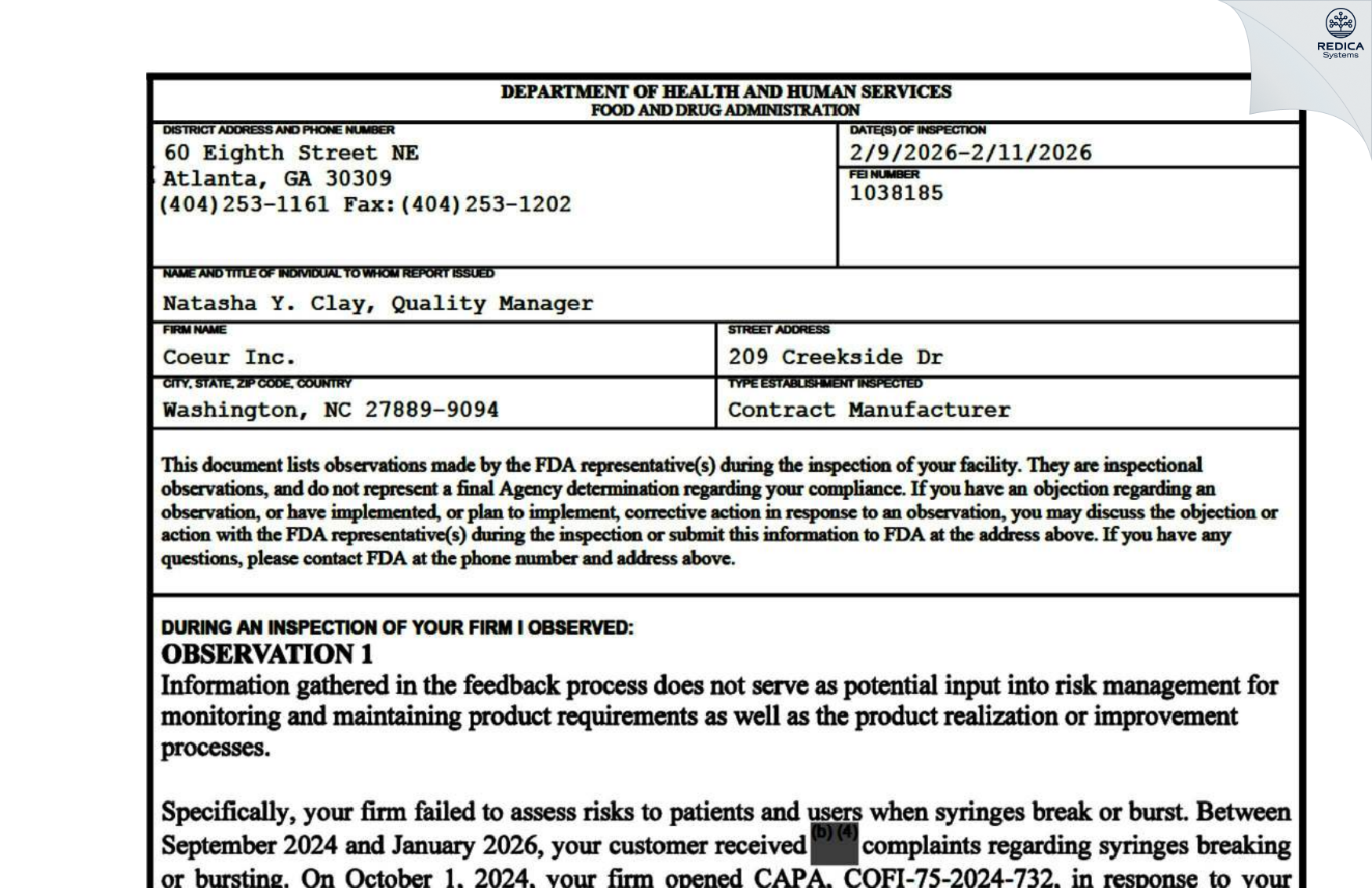 FDA 483 - Coeur Inc. [Washington / United States of America] - Download PDF - Redica Systems