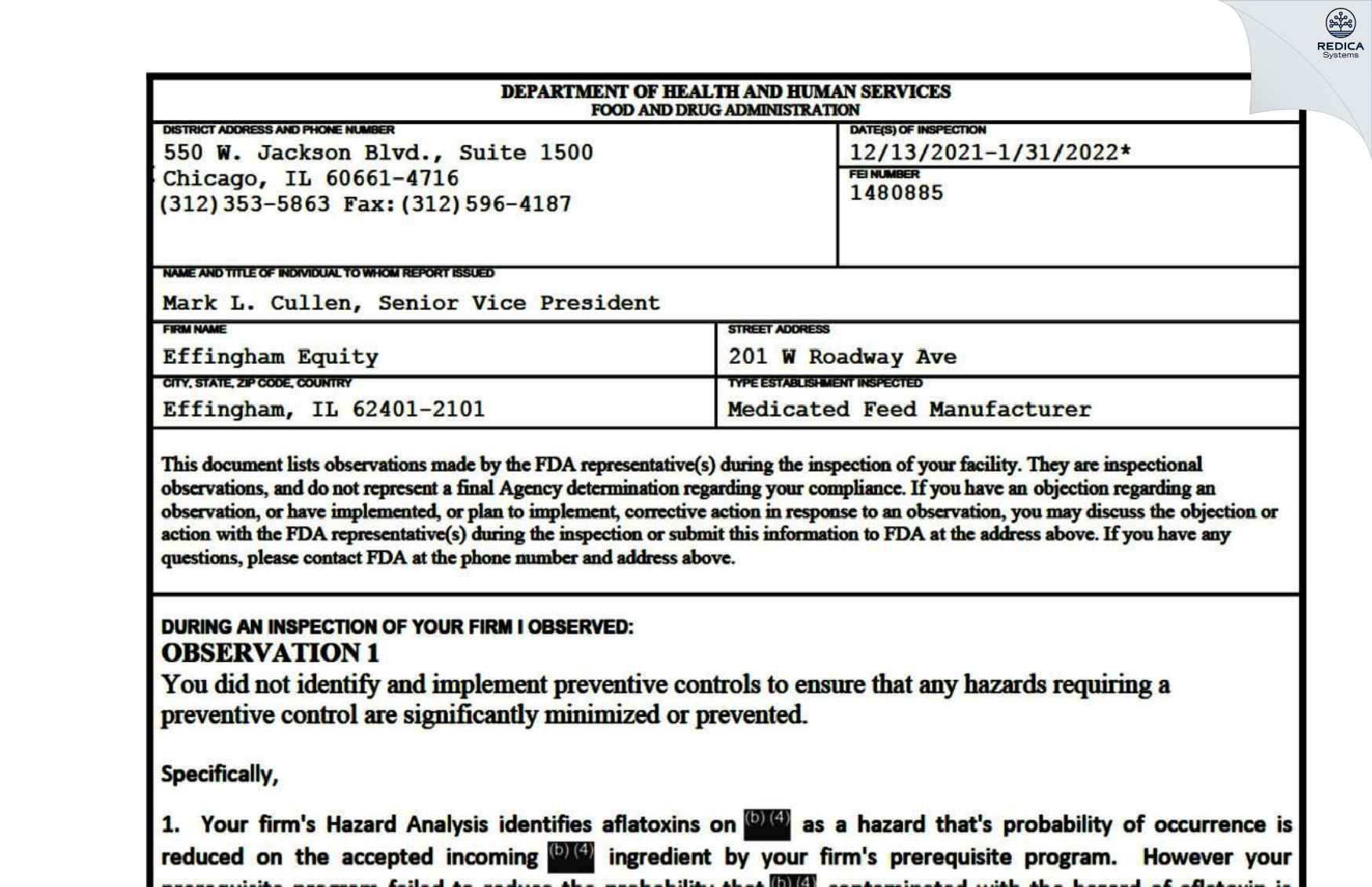 FDA 483 - Effingham Equity [Effingham / United States of America] - Download PDF - Redica Systems