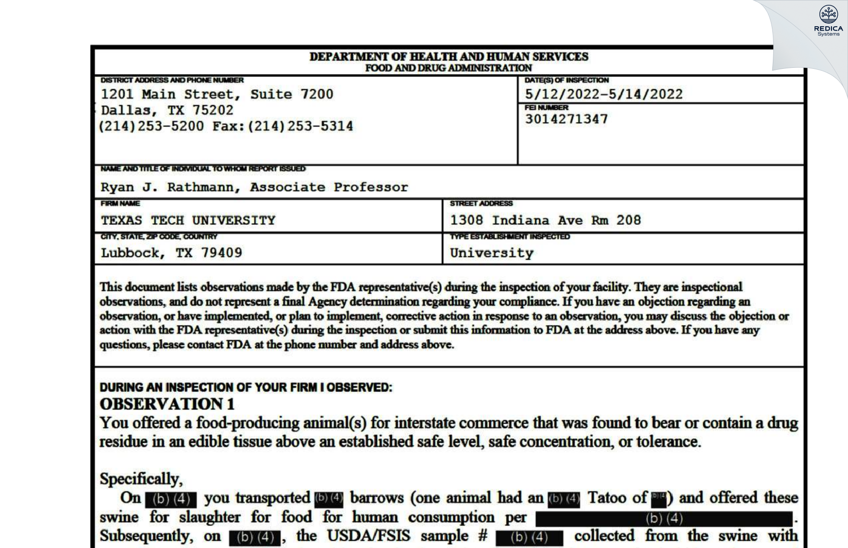 FDA 483 - TEXAS TECH UNIVERSITY [Lubbock / United States of America] - Download PDF - Redica Systems