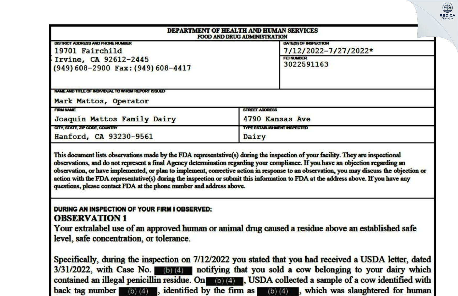 FDA 483 - Joaquin Mattos Family Dairy [Hanford / United States of America] - Download PDF - Redica Systems