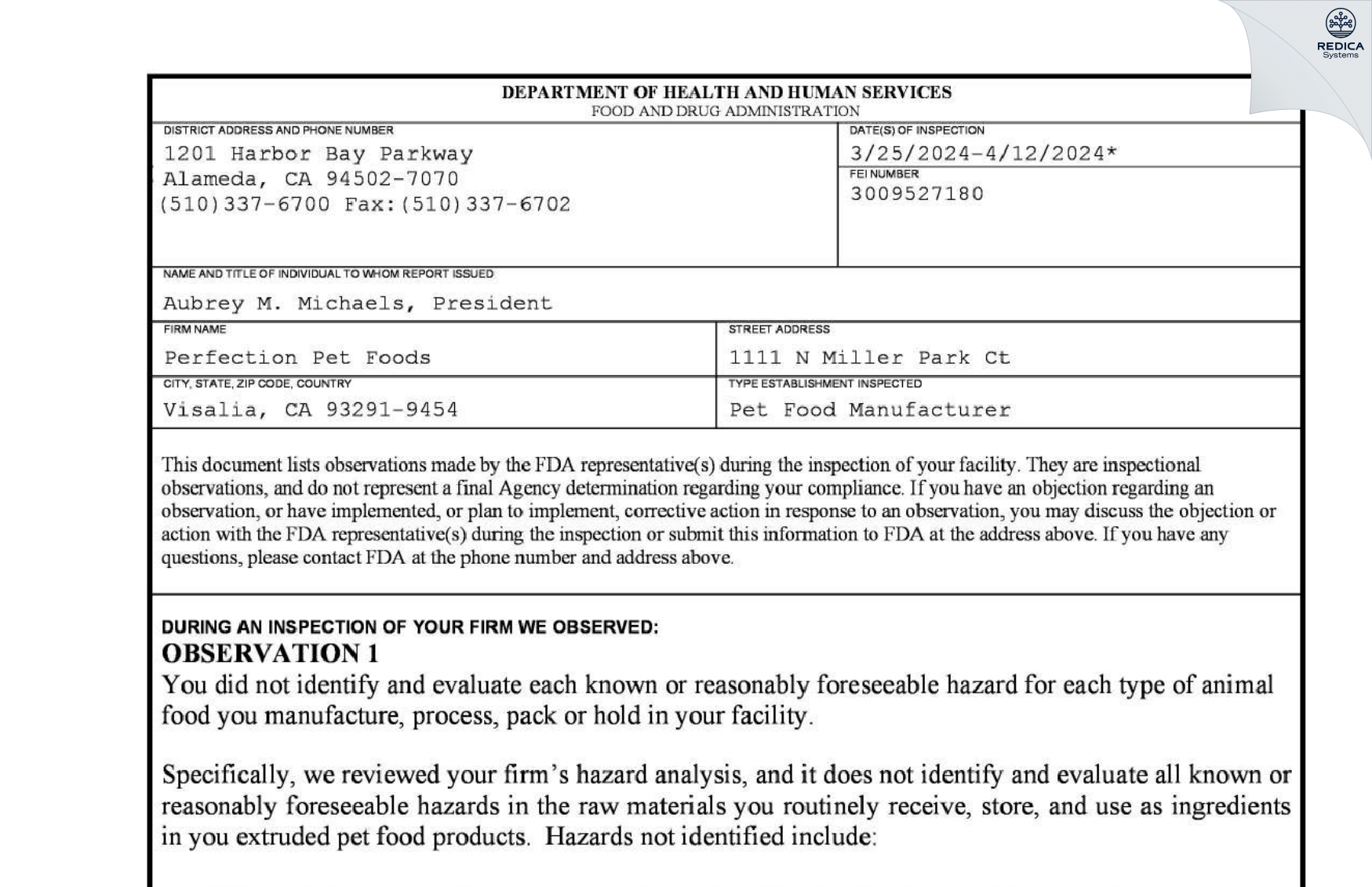 FDA 483 - Perfection Pet Foods [Visalia / United States of America] - Download PDF - Redica Systems