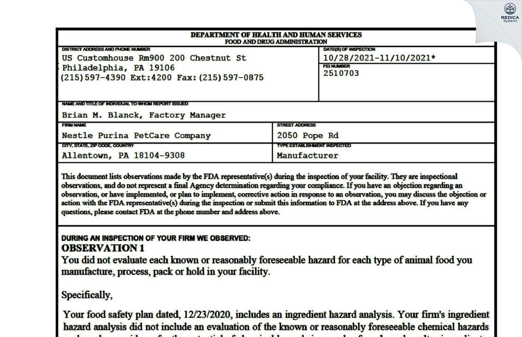 FDA 483 - Nestle Purina PetCare Company [Allentown / United States of America] - Download PDF - Redica Systems