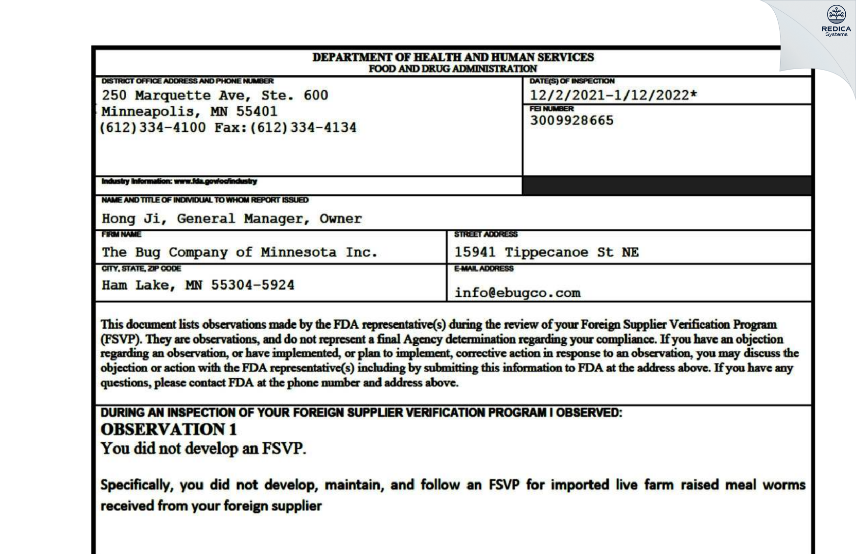 FDA 483 - The Bug Company of Minnesota Inc. [Andover / United States of America] - Download PDF - Redica Systems