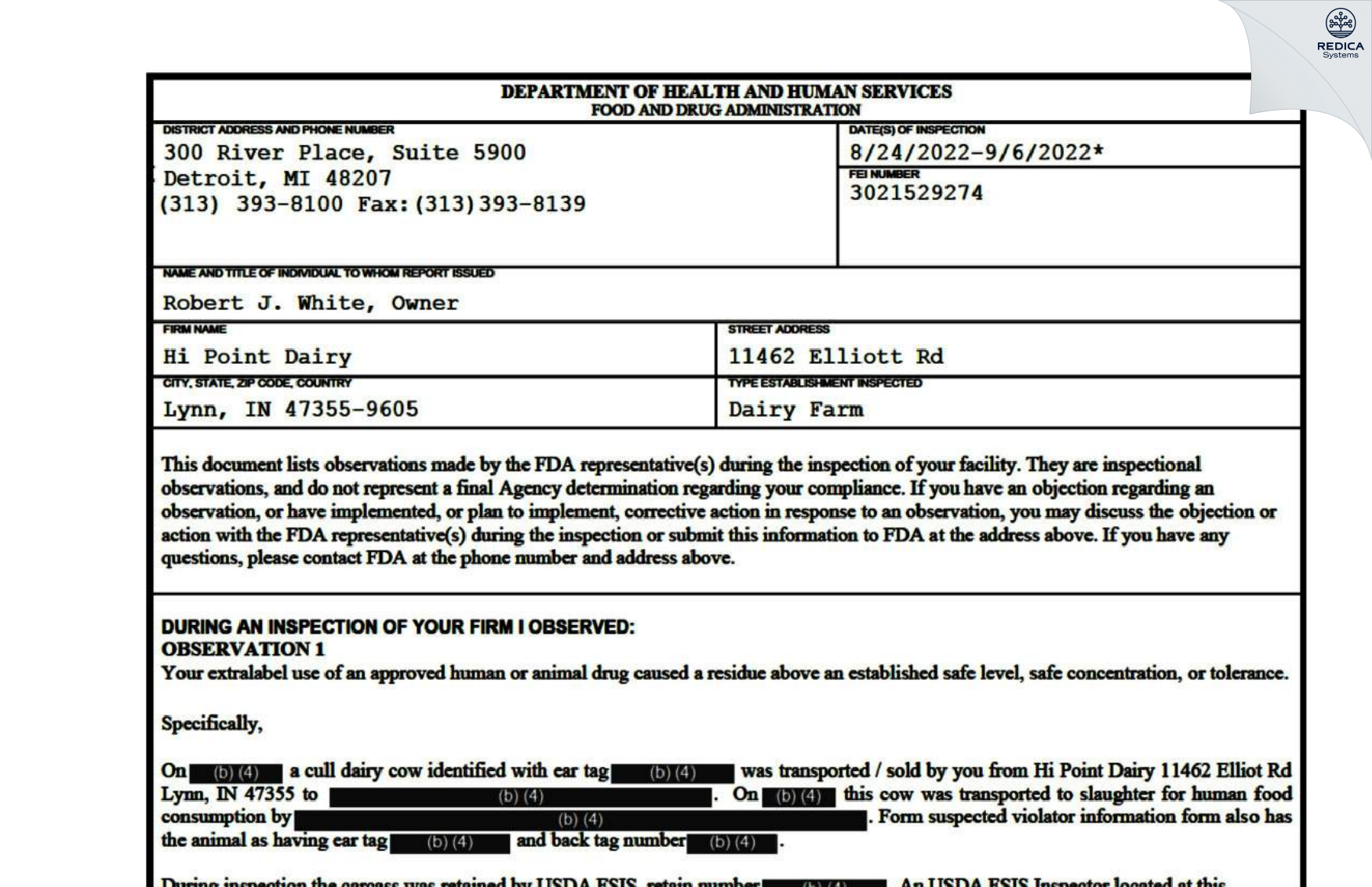 FDA 483 - Hi Point Dairy [Lynn / United States of America] - Download PDF - Redica Systems
