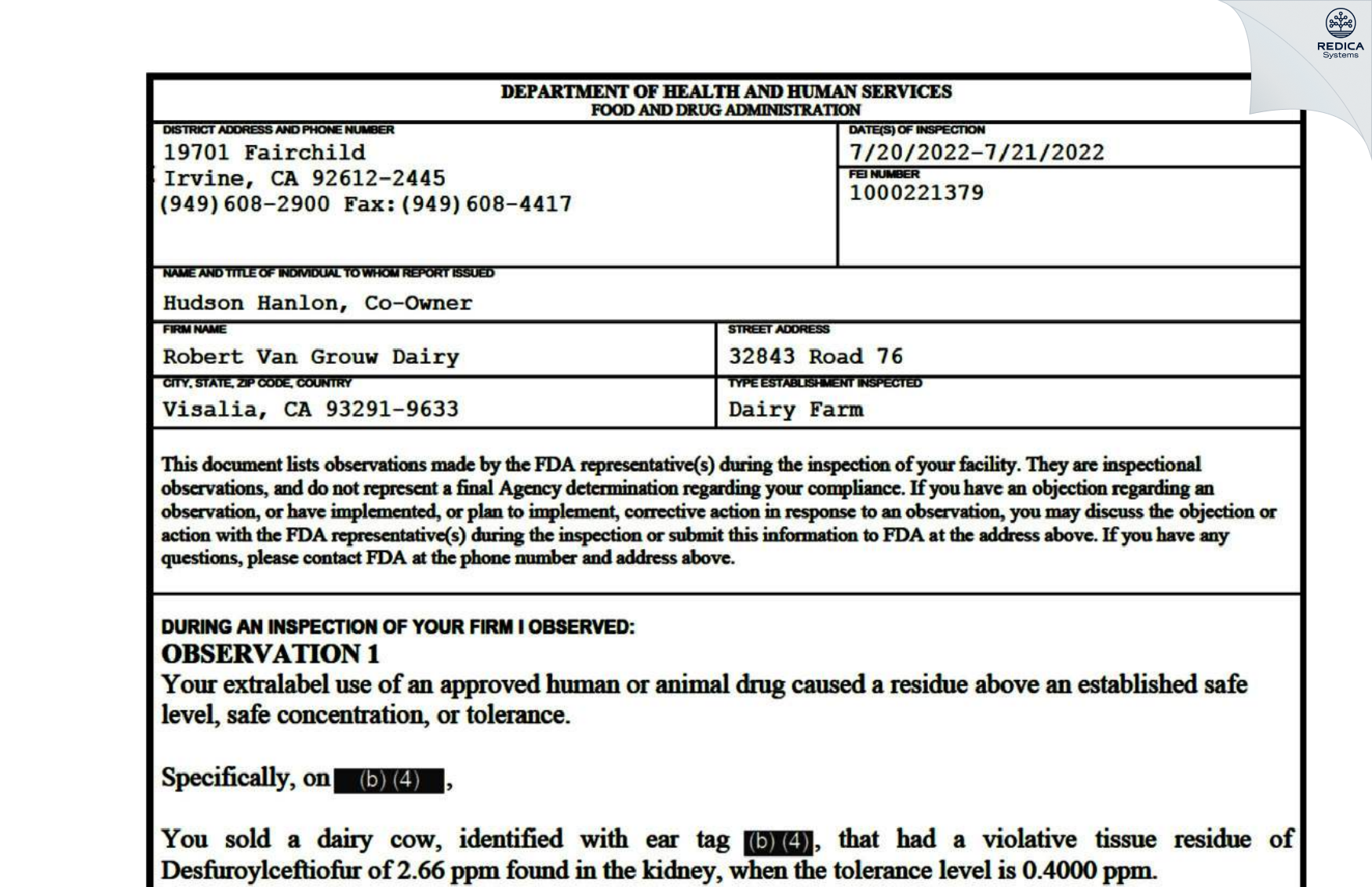 FDA 483 - Robert Van Grouw Dairy [Visalia / United States of America] - Download PDF - Redica Systems