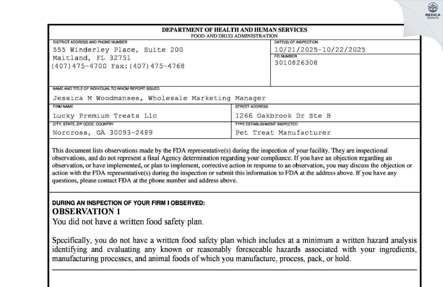 FDA 483 - Lucky Premium Treats Llc [Norcross / United States of America] - Download PDF - Redica Systems