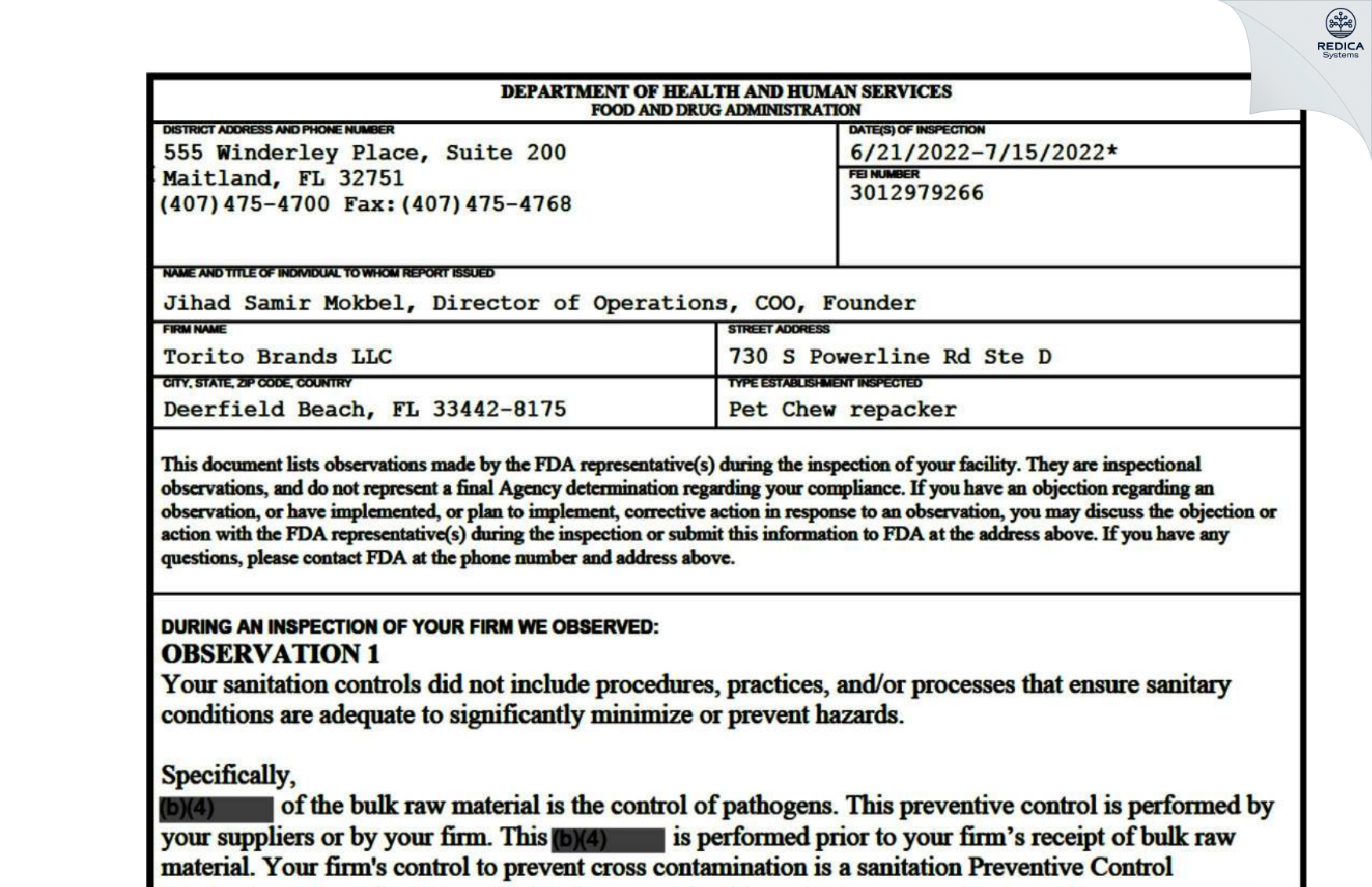 FDA 483 - Torito Brands LLC [Deerfield Beach / United States of America] - Download PDF - Redica Systems